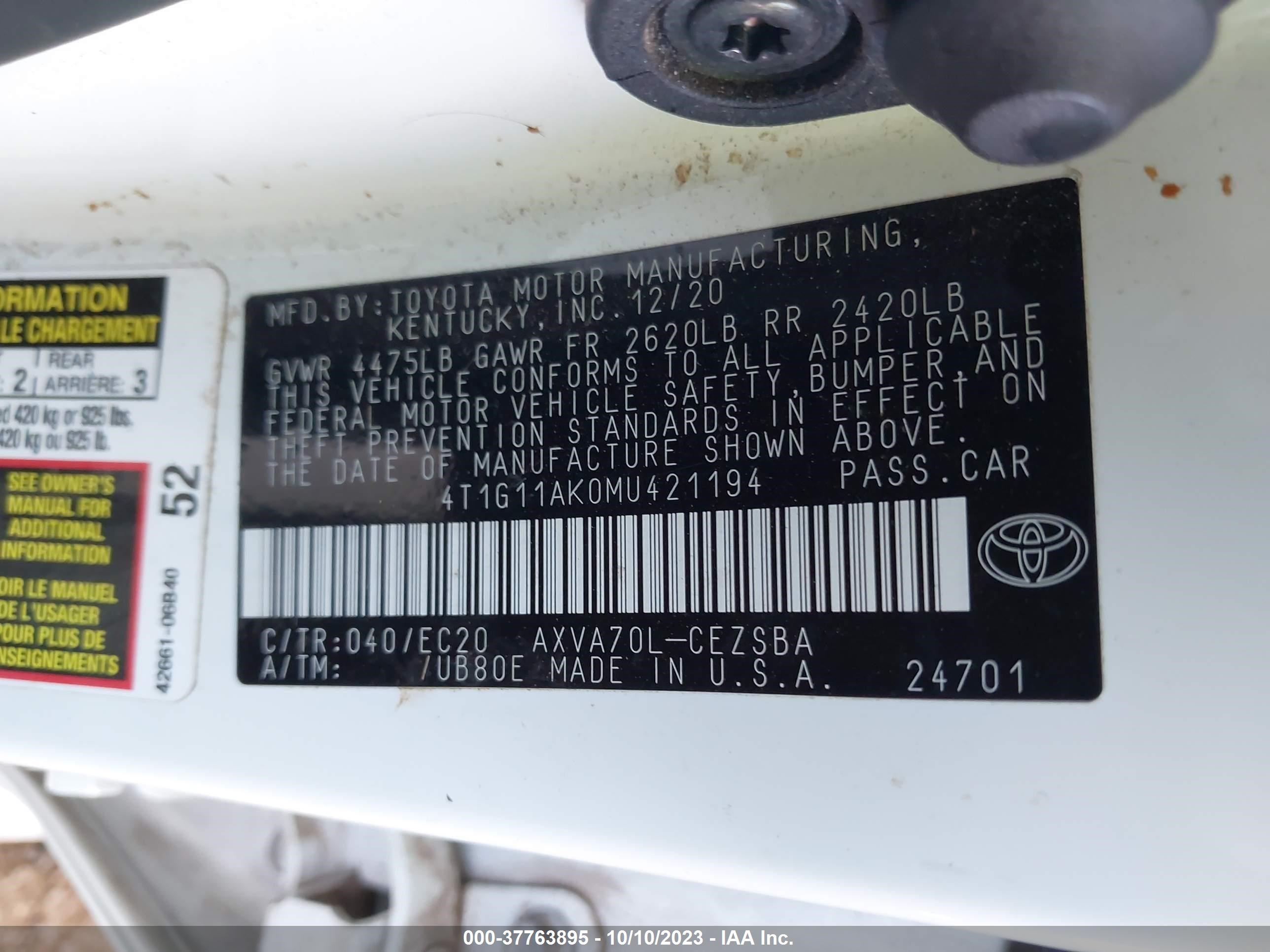 Photo 8 VIN: 4T1G11AK0MU421194 - TOYOTA CAMRY 