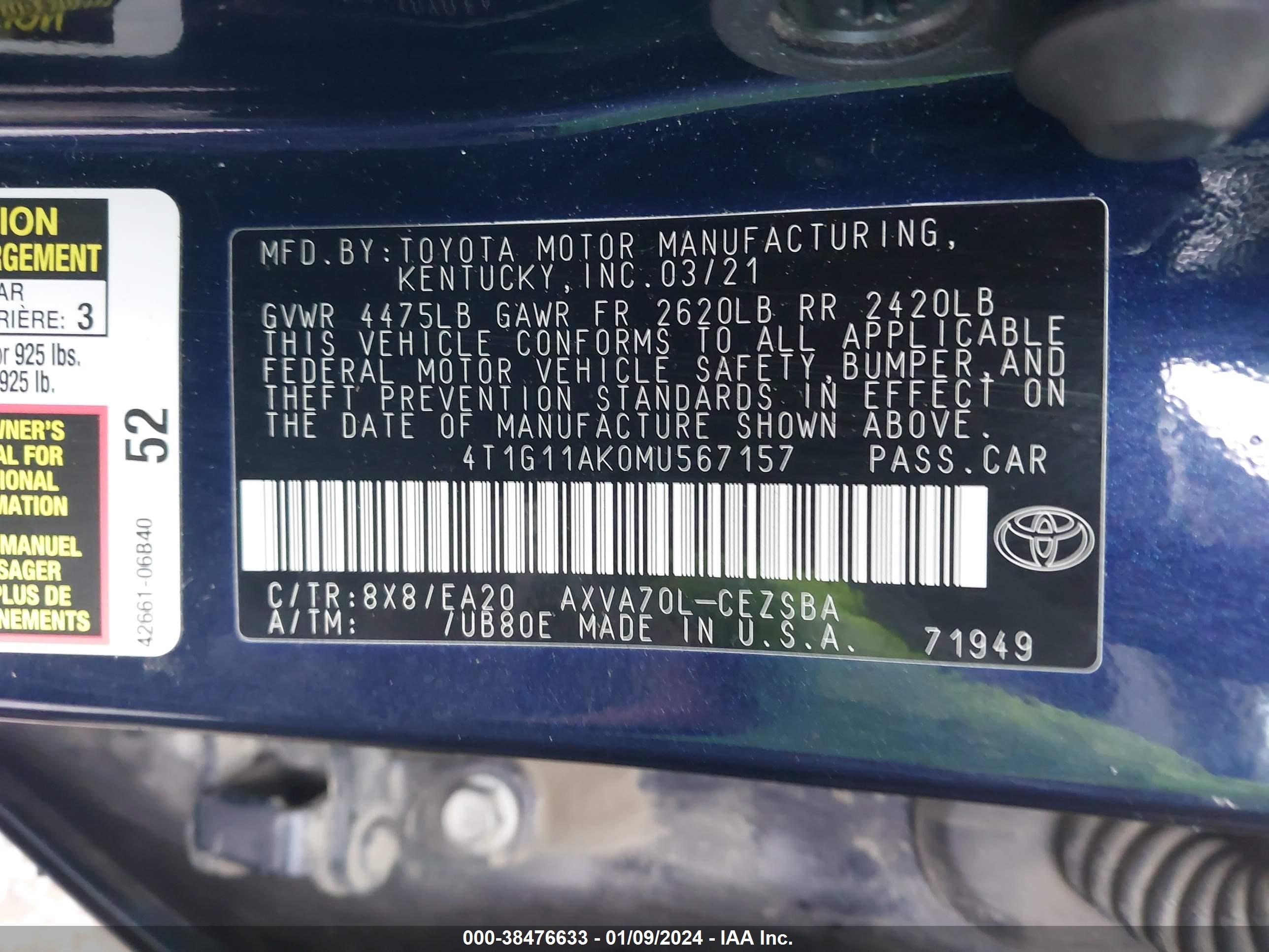 Photo 8 VIN: 4T1G11AK0MU567157 - TOYOTA CAMRY 