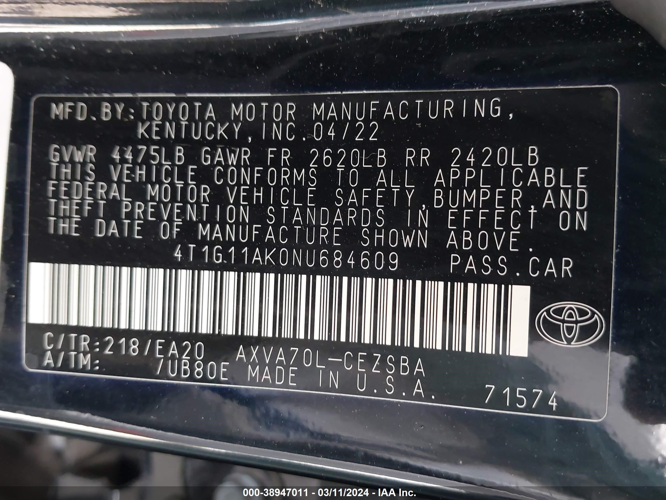 Photo 8 VIN: 4T1G11AK0NU684609 - TOYOTA CAMRY 