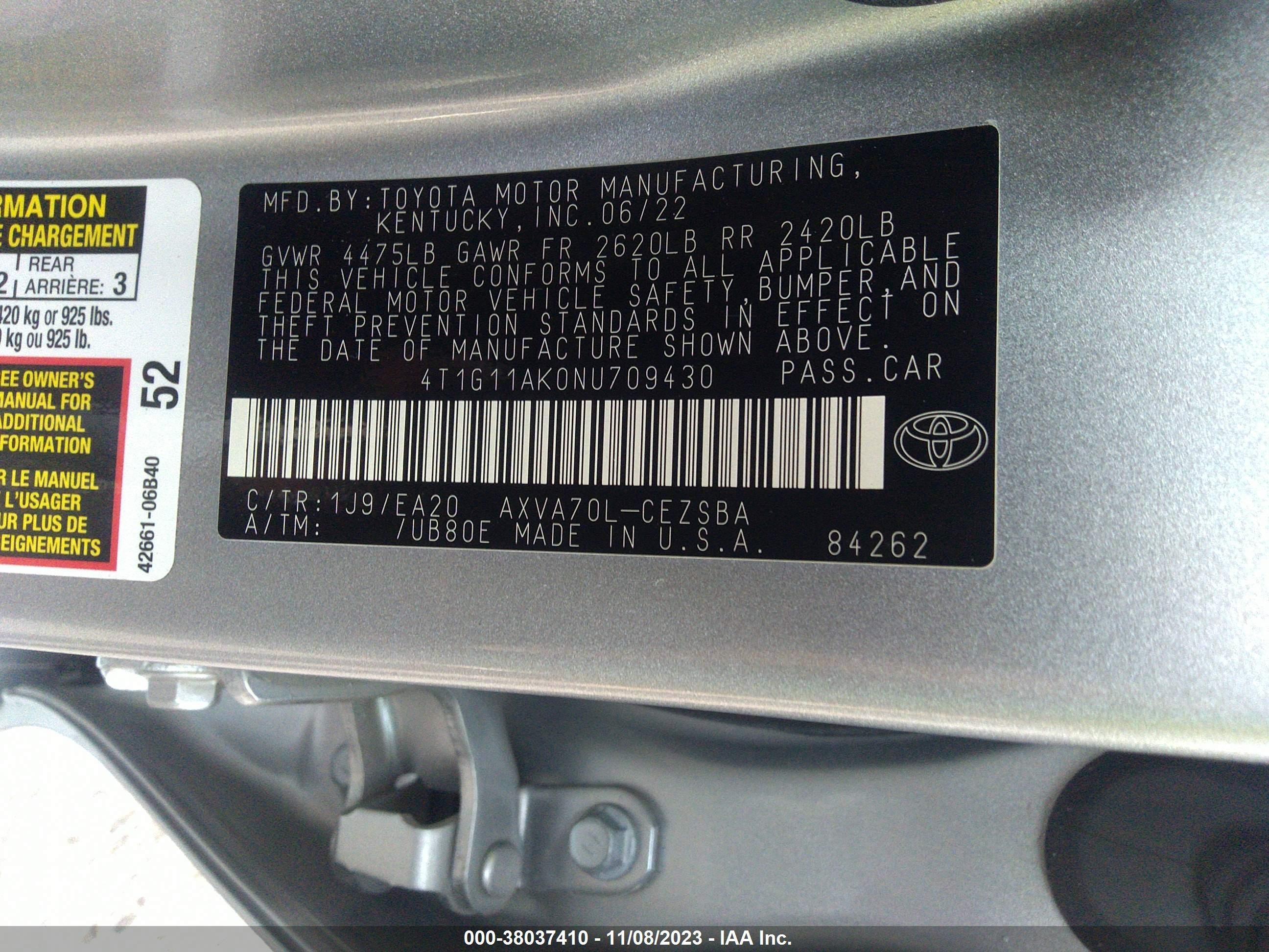 Photo 8 VIN: 4T1G11AK0NU709430 - TOYOTA CAMRY 