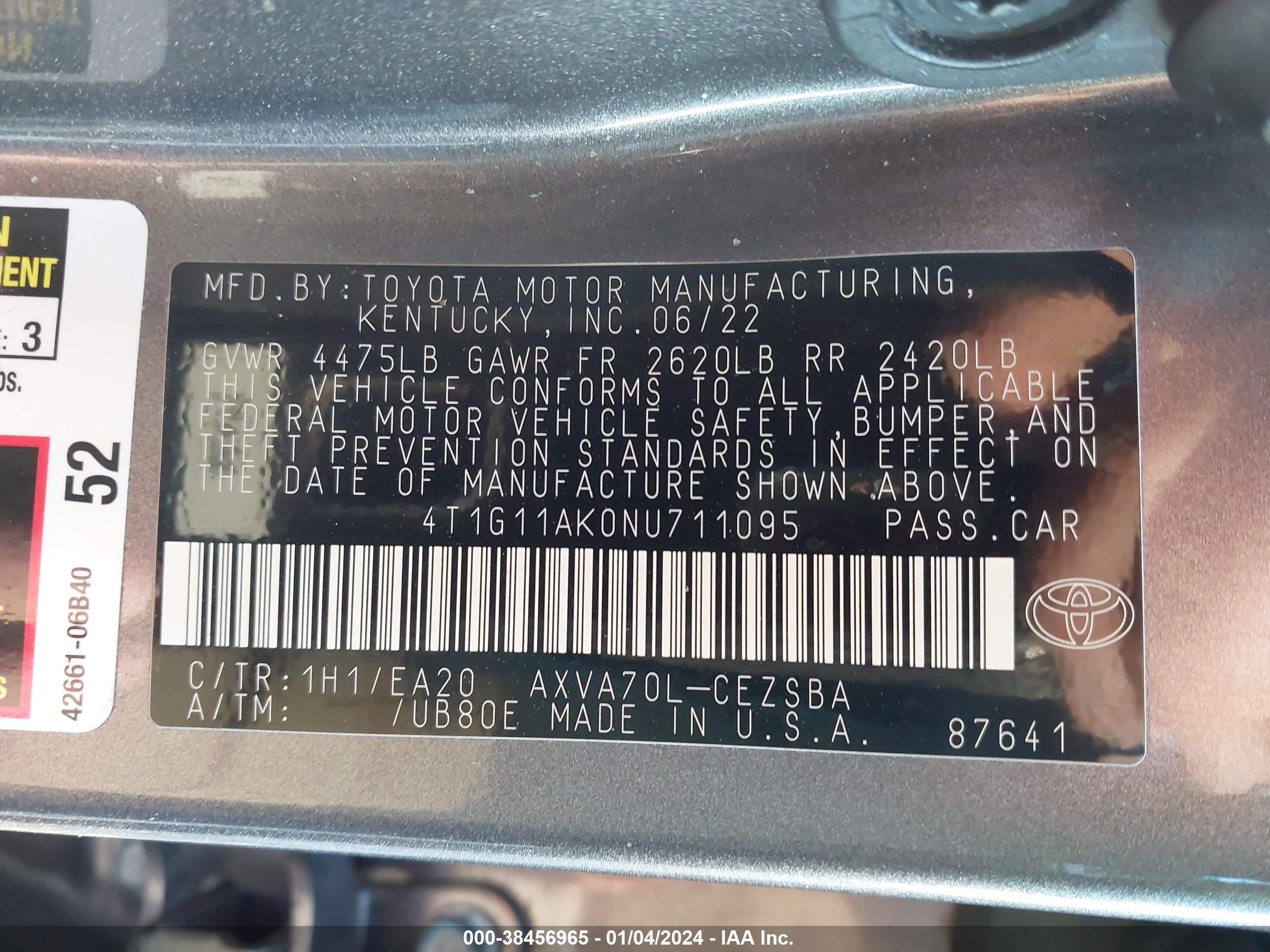 Photo 8 VIN: 4T1G11AK0NU711095 - TOYOTA CAMRY 