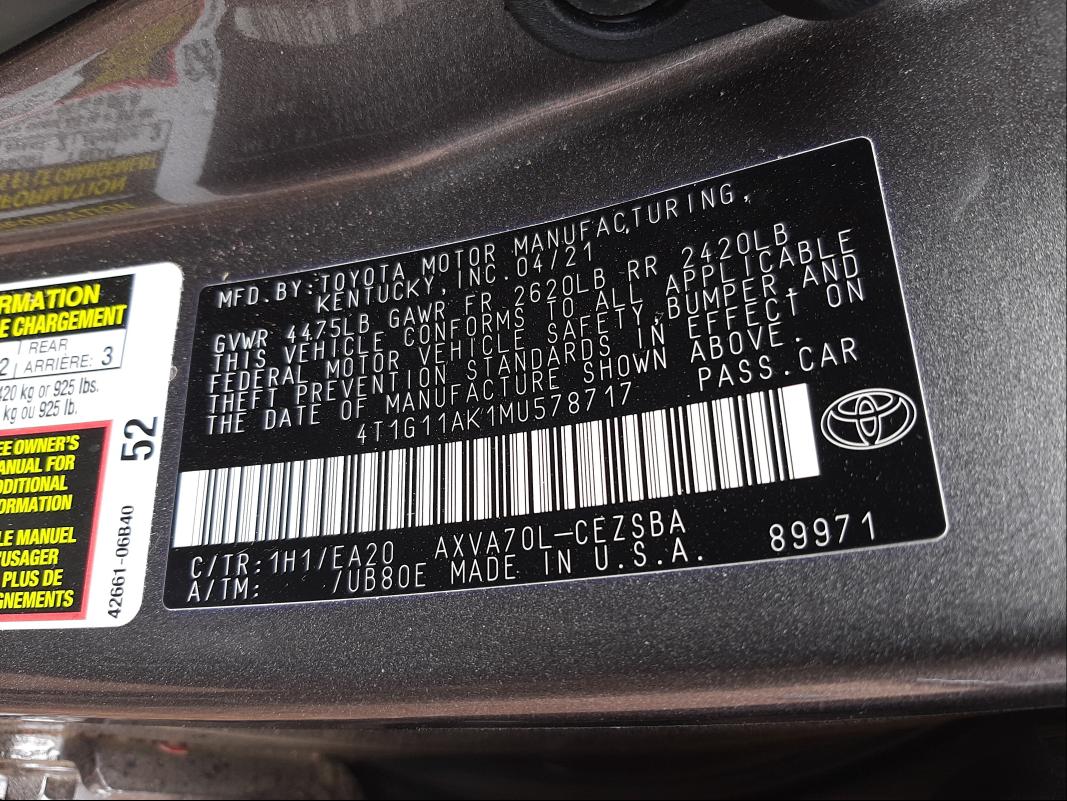 Photo 9 VIN: 4T1G11AK1MU578717 - TOYOTA CAMRY SE 