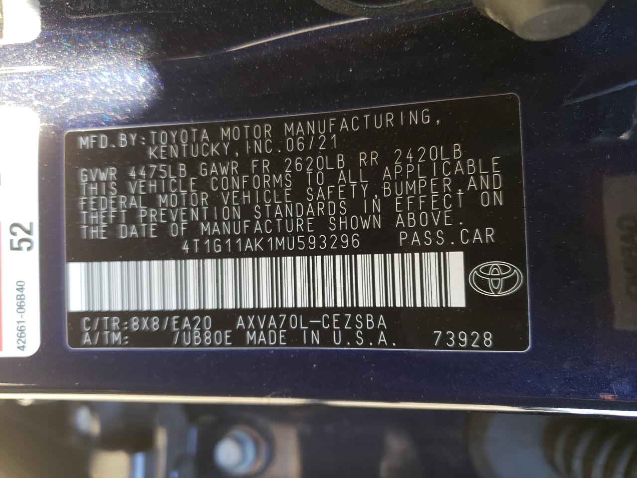 Photo 12 VIN: 4T1G11AK1MU593296 - TOYOTA CAMRY 