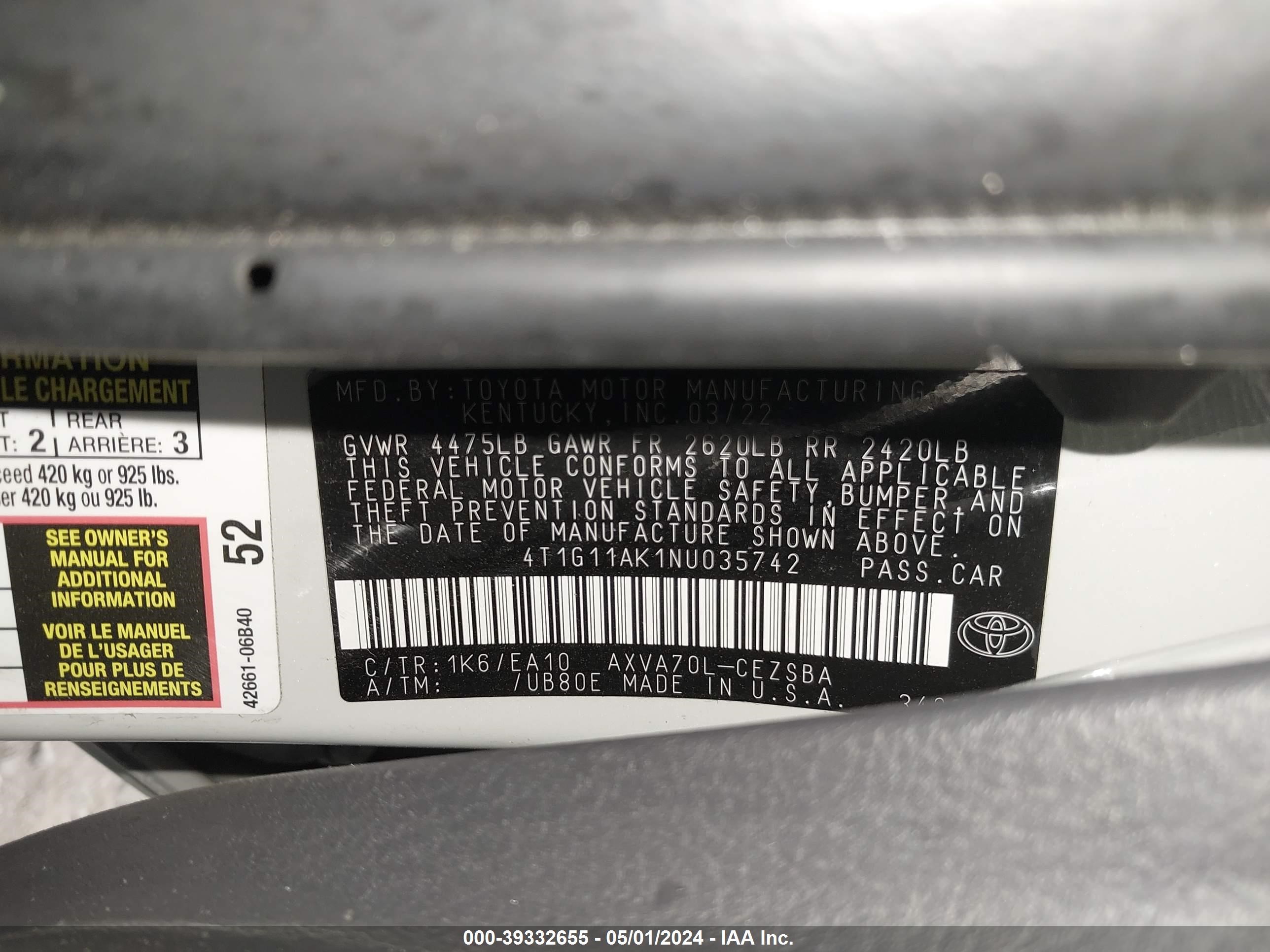 Photo 8 VIN: 4T1G11AK1NU035742 - TOYOTA CAMRY 