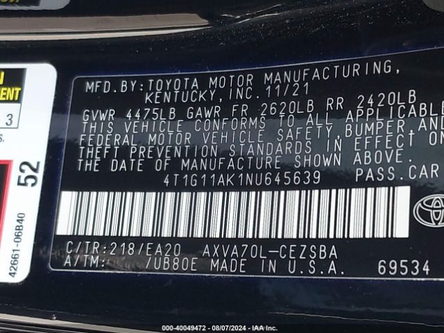 Photo 8 VIN: 4T1G11AK1NU645639 - TOYOTA CAMRY 