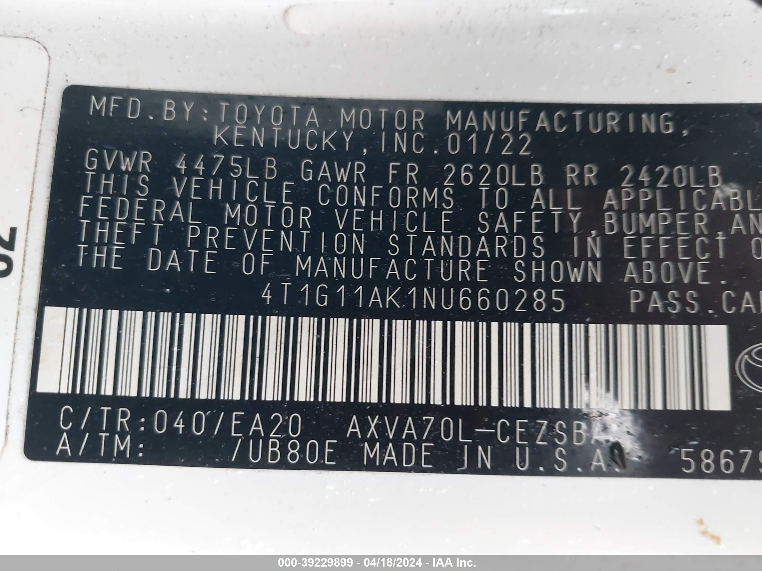 Photo 8 VIN: 4T1G11AK1NU660285 - TOYOTA CAMRY 