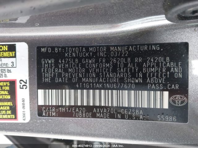 Photo 8 VIN: 4T1G11AK1NU677670 - TOYOTA CAMRY 