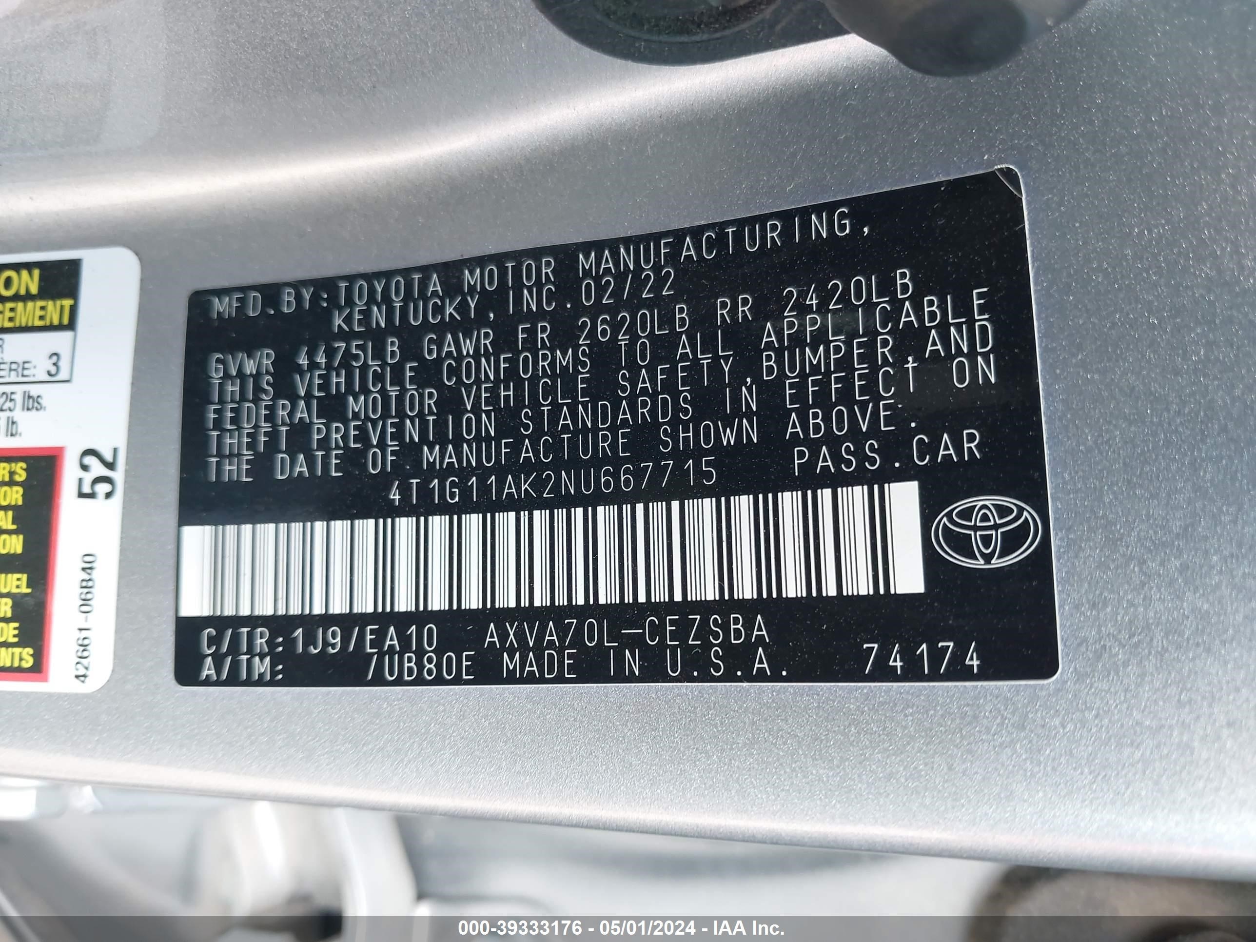 Photo 8 VIN: 4T1G11AK2NU667715 - TOYOTA CAMRY 