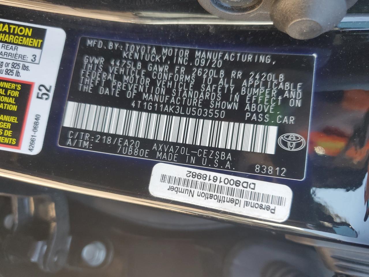 Photo 11 VIN: 4T1G11AK3LU503550 - TOYOTA CAMRY 