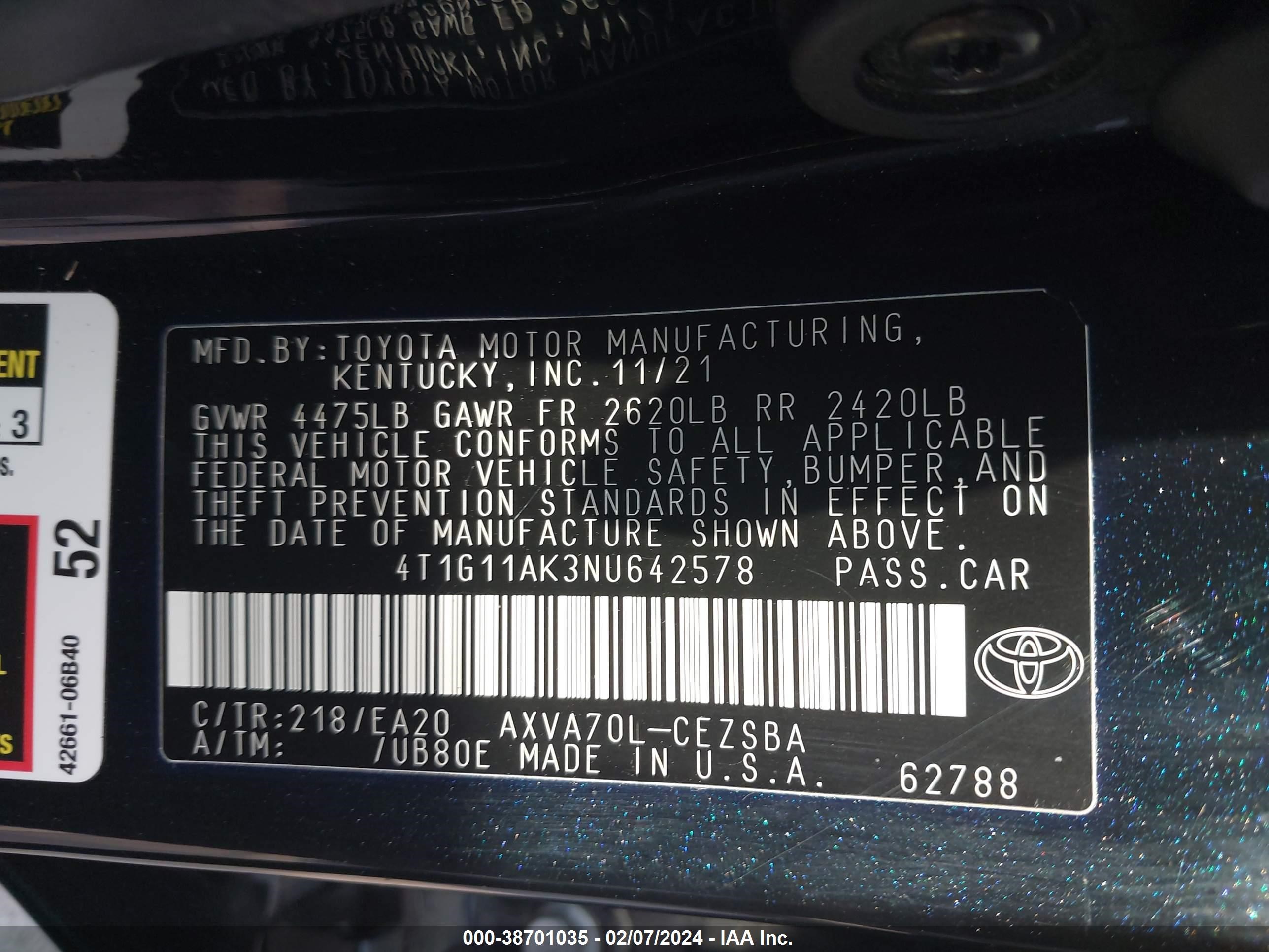 Photo 8 VIN: 4T1G11AK3NU642578 - TOYOTA CAMRY 