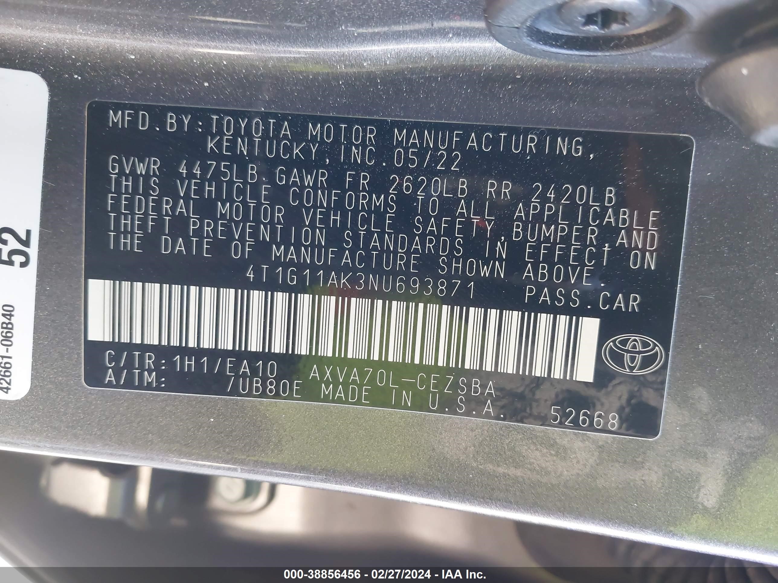 Photo 8 VIN: 4T1G11AK3NU693871 - TOYOTA CAMRY 