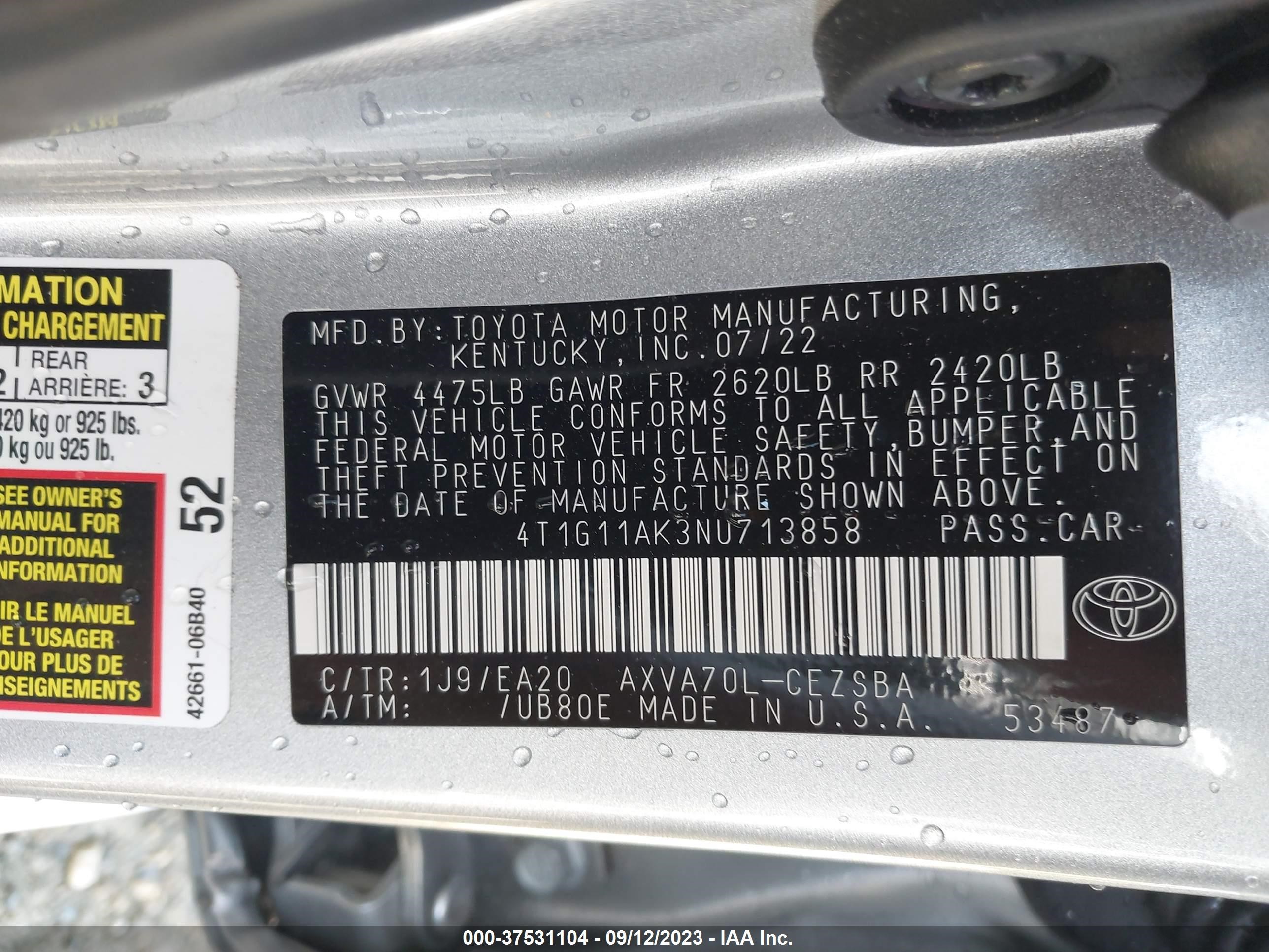 Photo 8 VIN: 4T1G11AK3NU713858 - TOYOTA CAMRY 