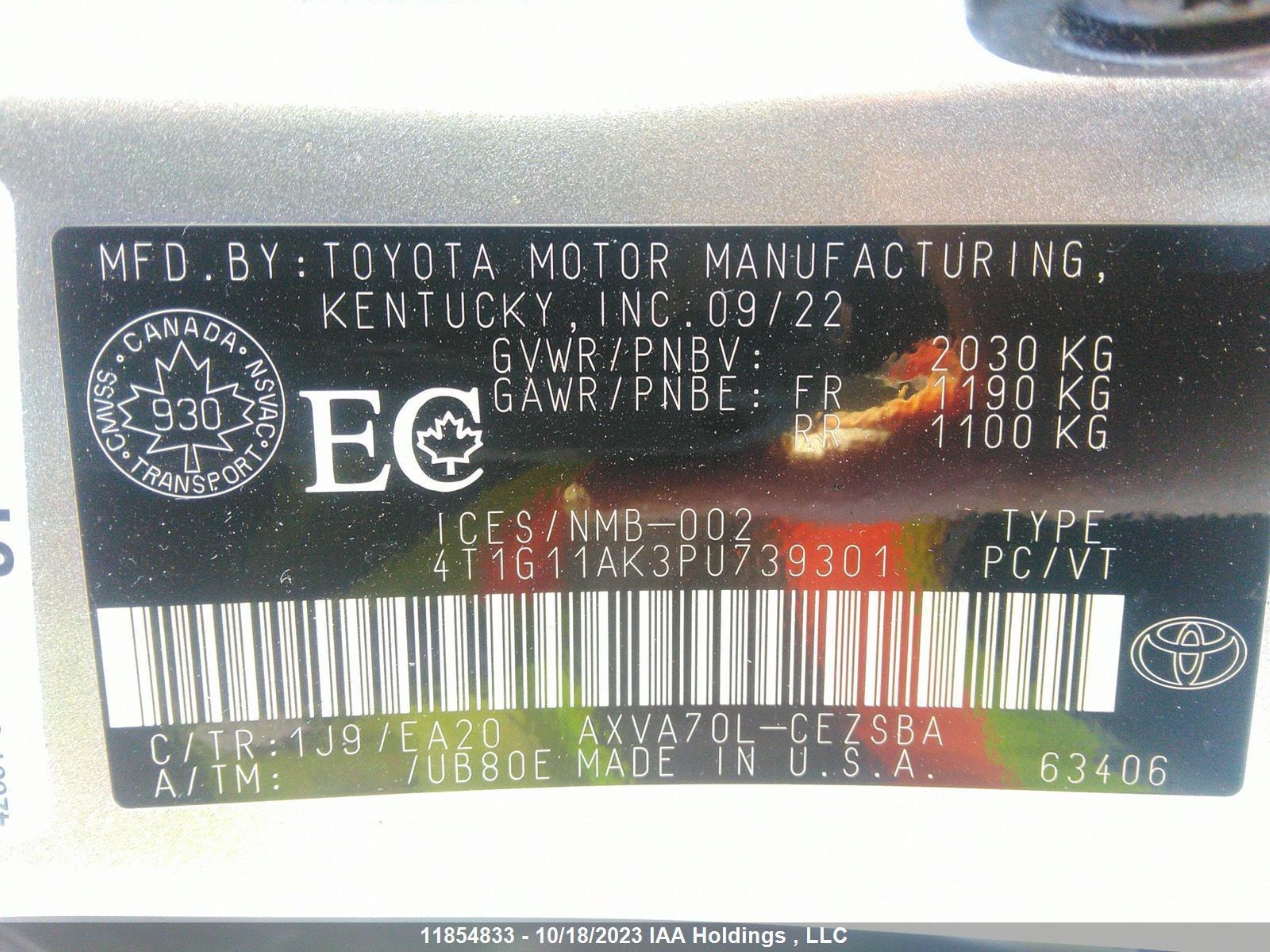 Photo 8 VIN: 4T1G11AK3PU739301 - TOYOTA CAMRY 