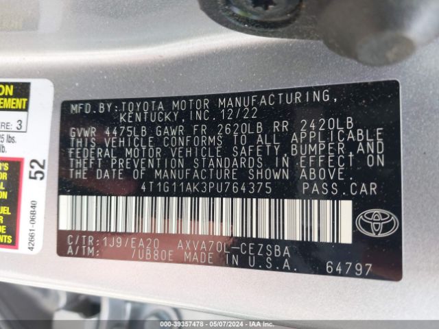 Photo 8 VIN: 4T1G11AK3PU764375 - TOYOTA CAMRY 