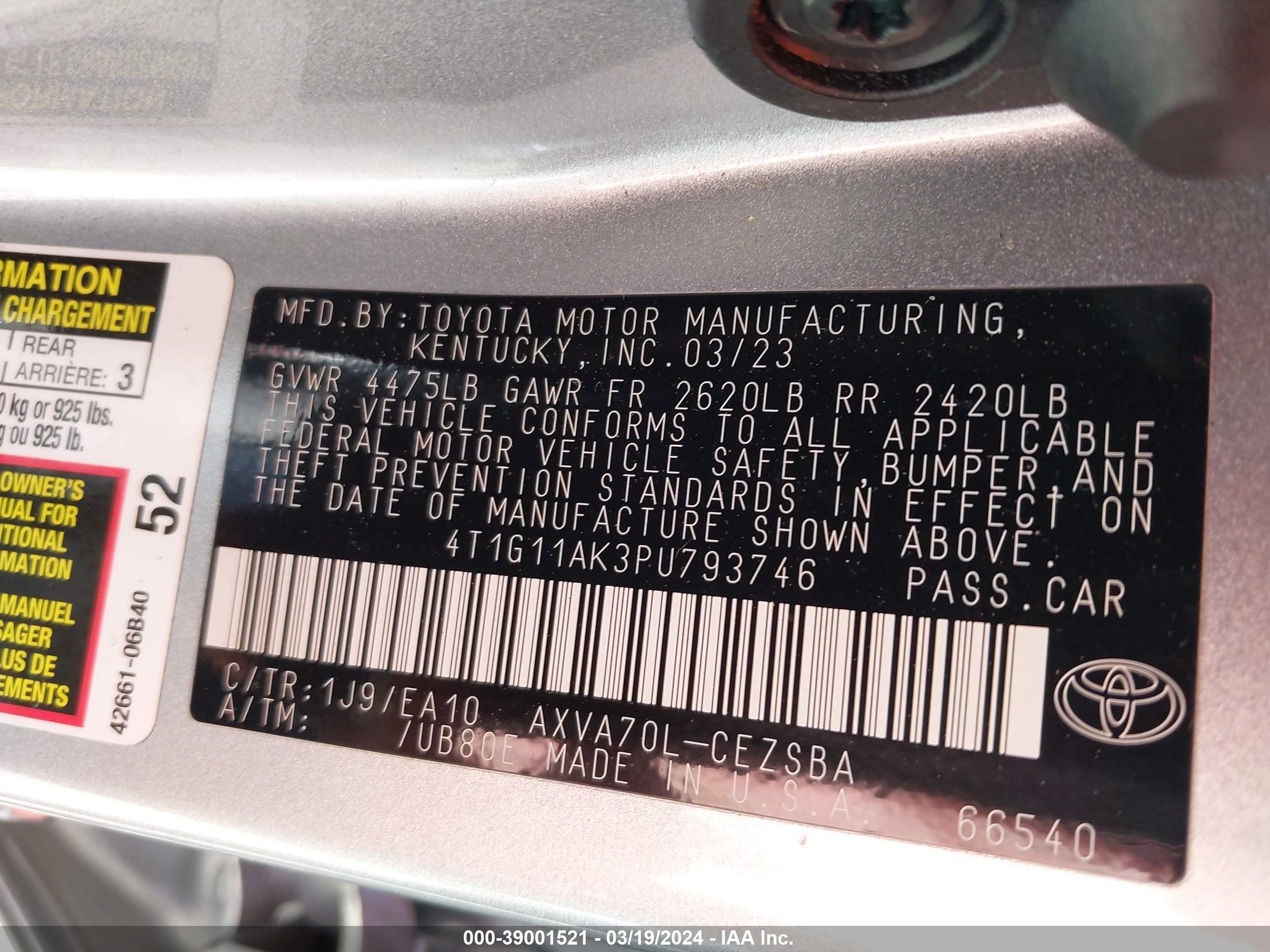 Photo 8 VIN: 4T1G11AK3PU793746 - TOYOTA CAMRY 