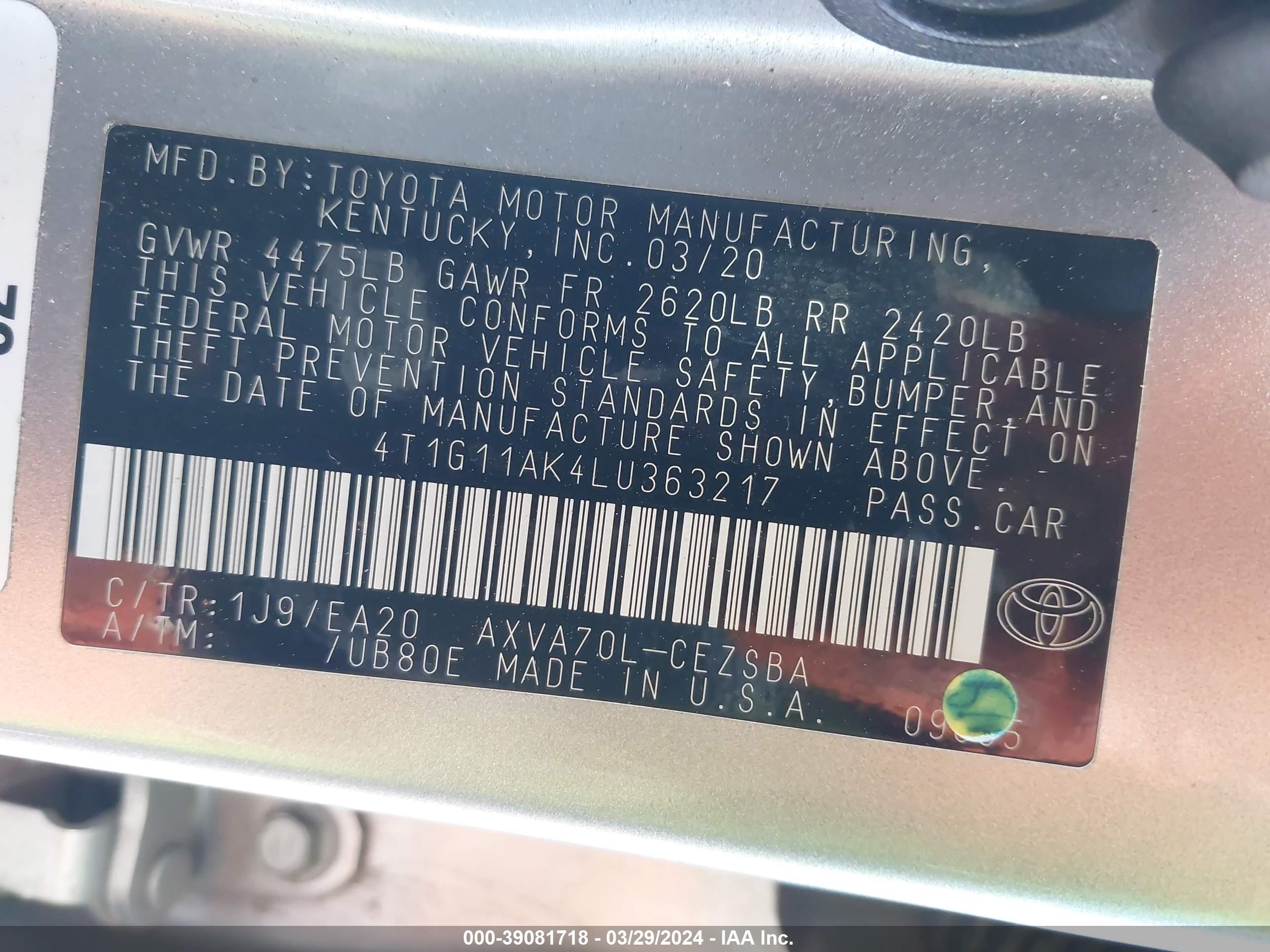 Photo 8 VIN: 4T1G11AK4LU363217 - TOYOTA CAMRY 