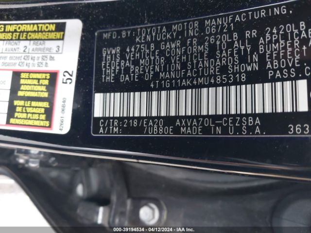 Photo 8 VIN: 4T1G11AK4MU485318 - TOYOTA CAMRY 