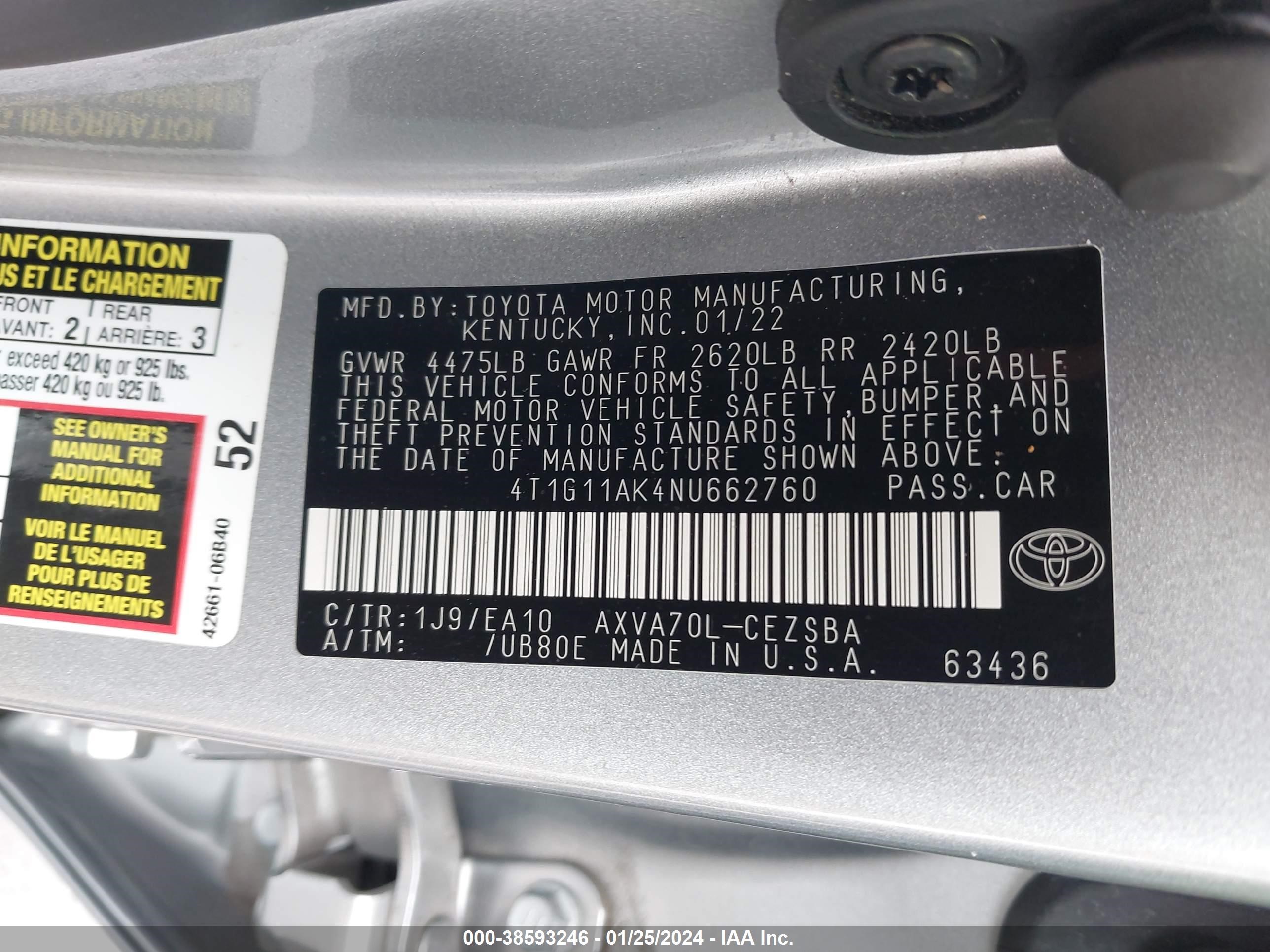 Photo 8 VIN: 4T1G11AK4NU662760 - TOYOTA CAMRY 