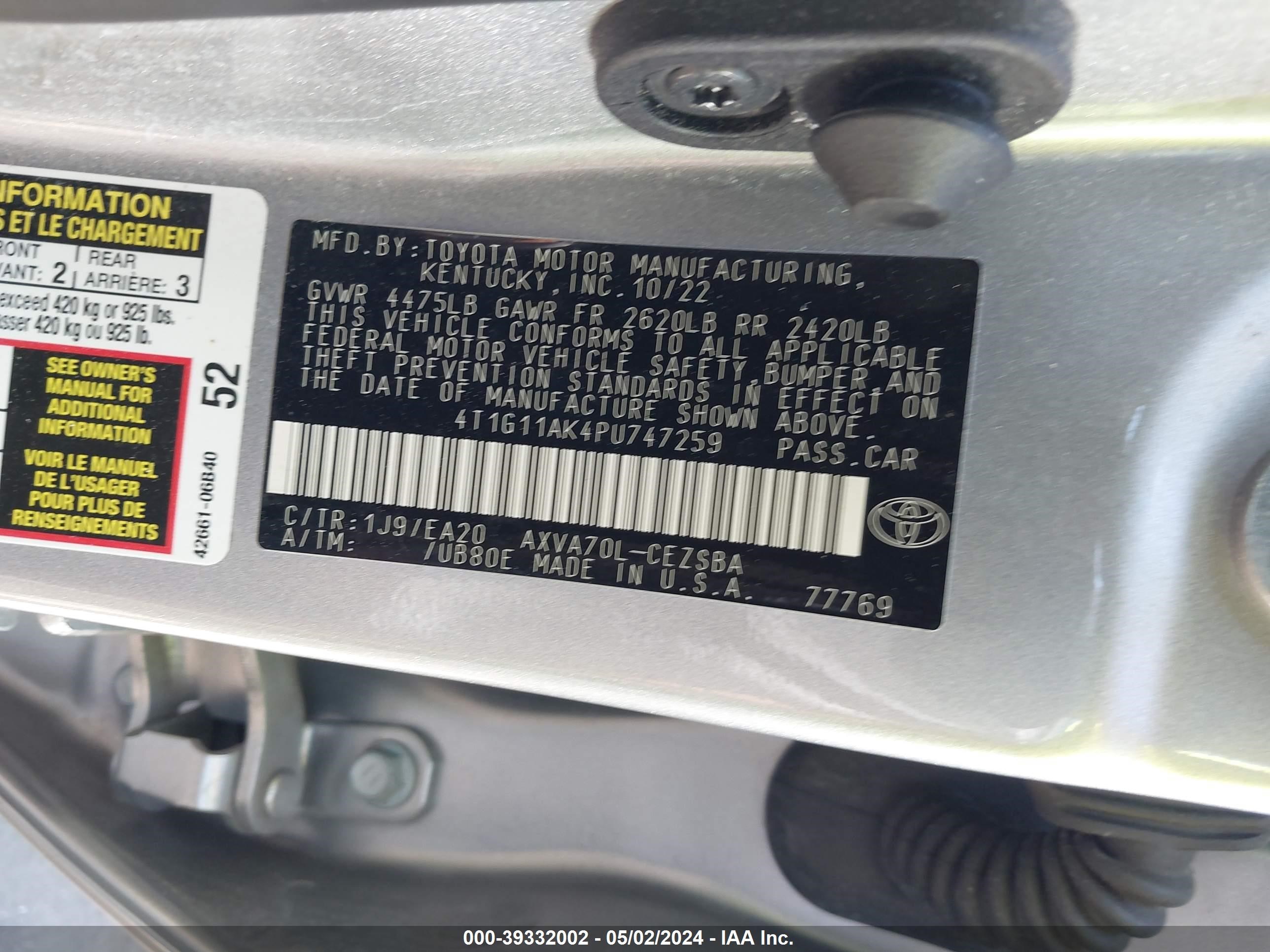 Photo 8 VIN: 4T1G11AK4PU747259 - TOYOTA CAMRY 