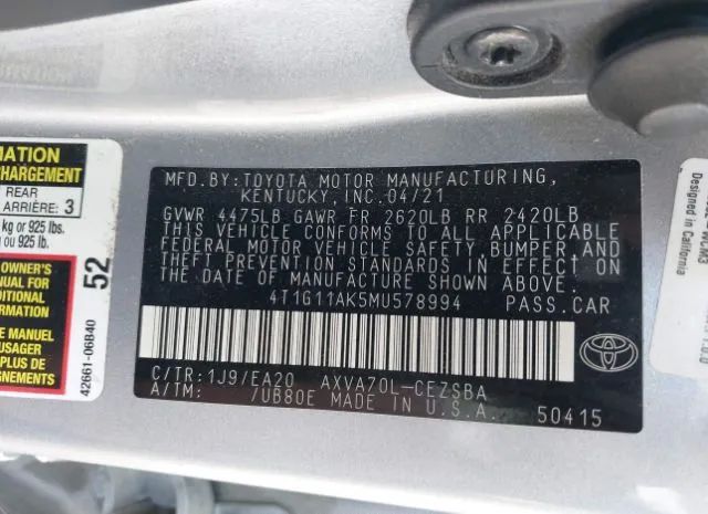 Photo 8 VIN: 4T1G11AK5MU578994 - TOYOTA CAMRY 