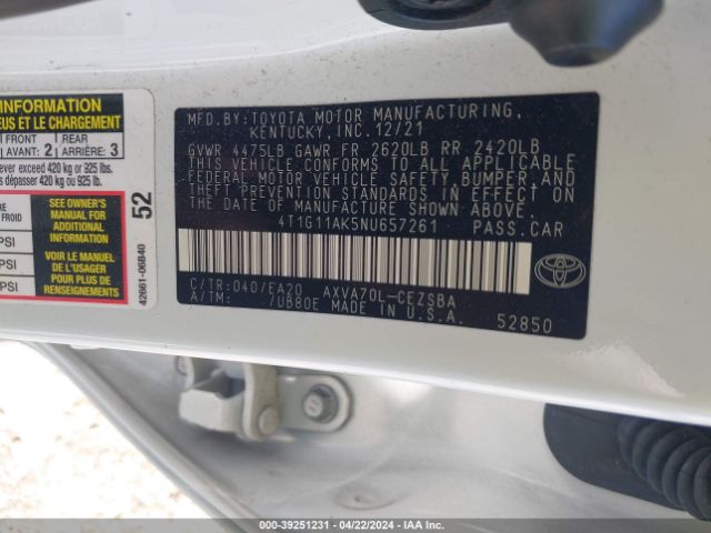 Photo 8 VIN: 4T1G11AK5NU657261 - TOYOTA CAMRY 