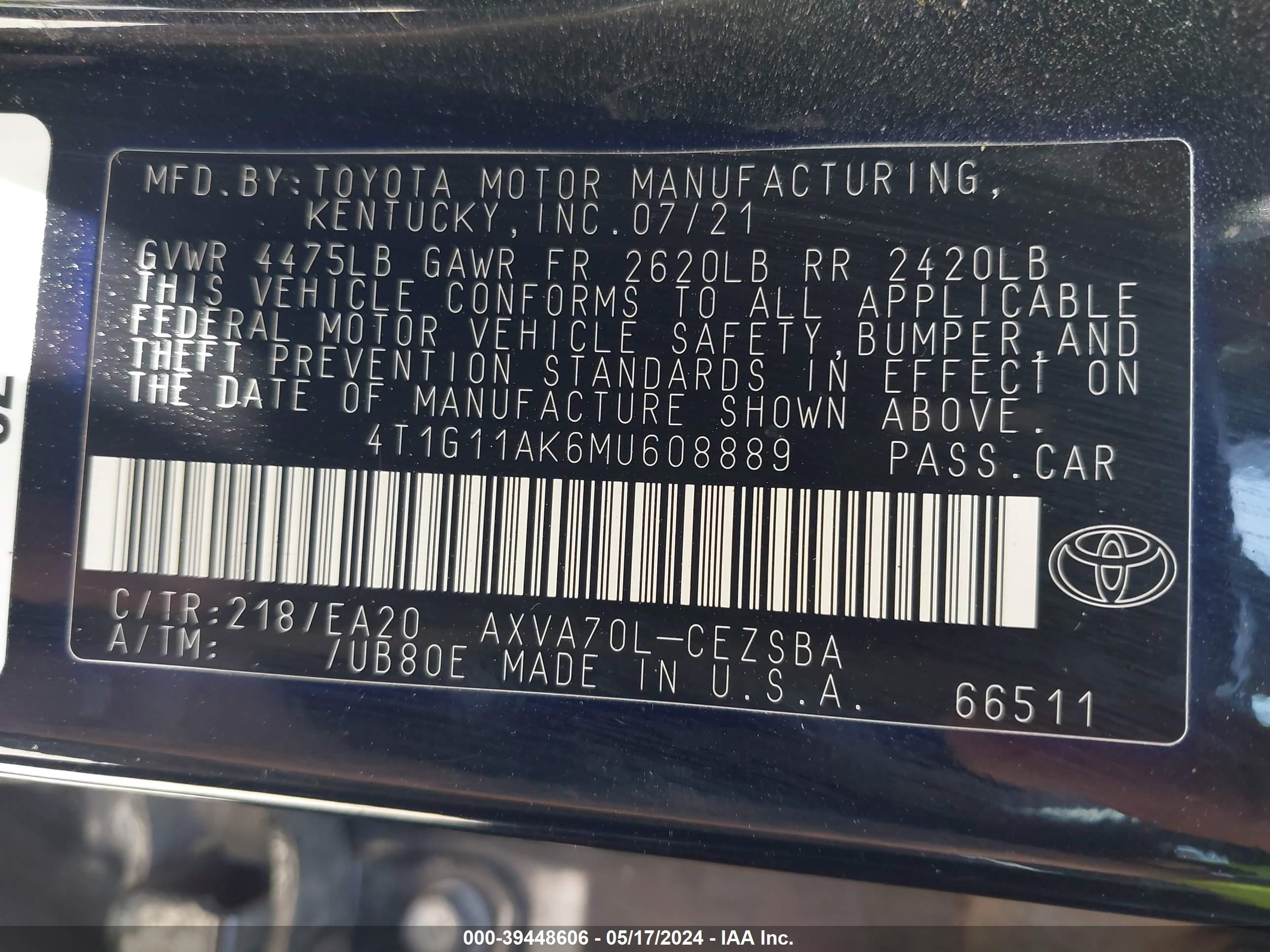 Photo 8 VIN: 4T1G11AK6MU608889 - TOYOTA CAMRY 