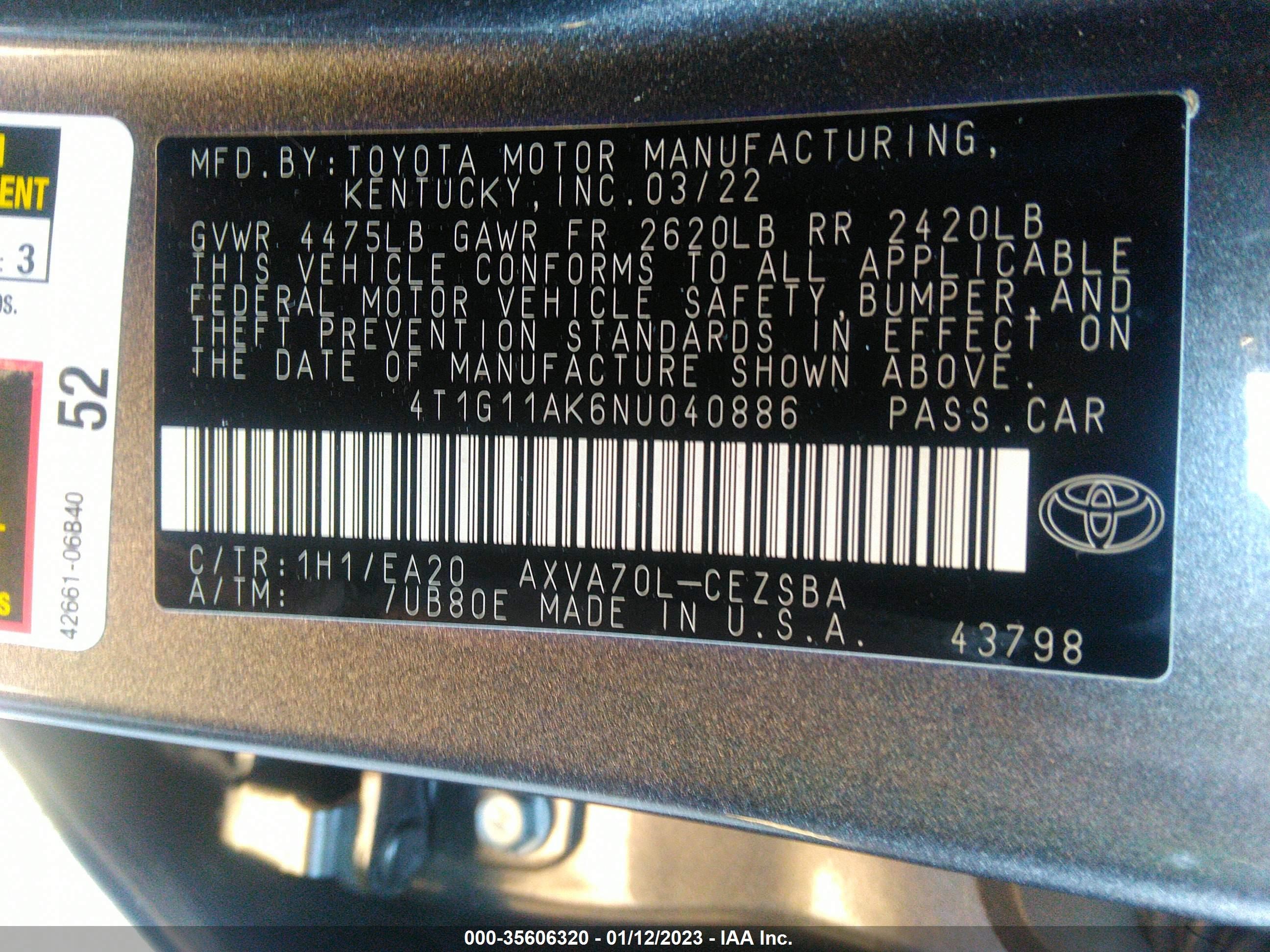 Photo 8 VIN: 4T1G11AK6NU040886 - TOYOTA CAMRY 