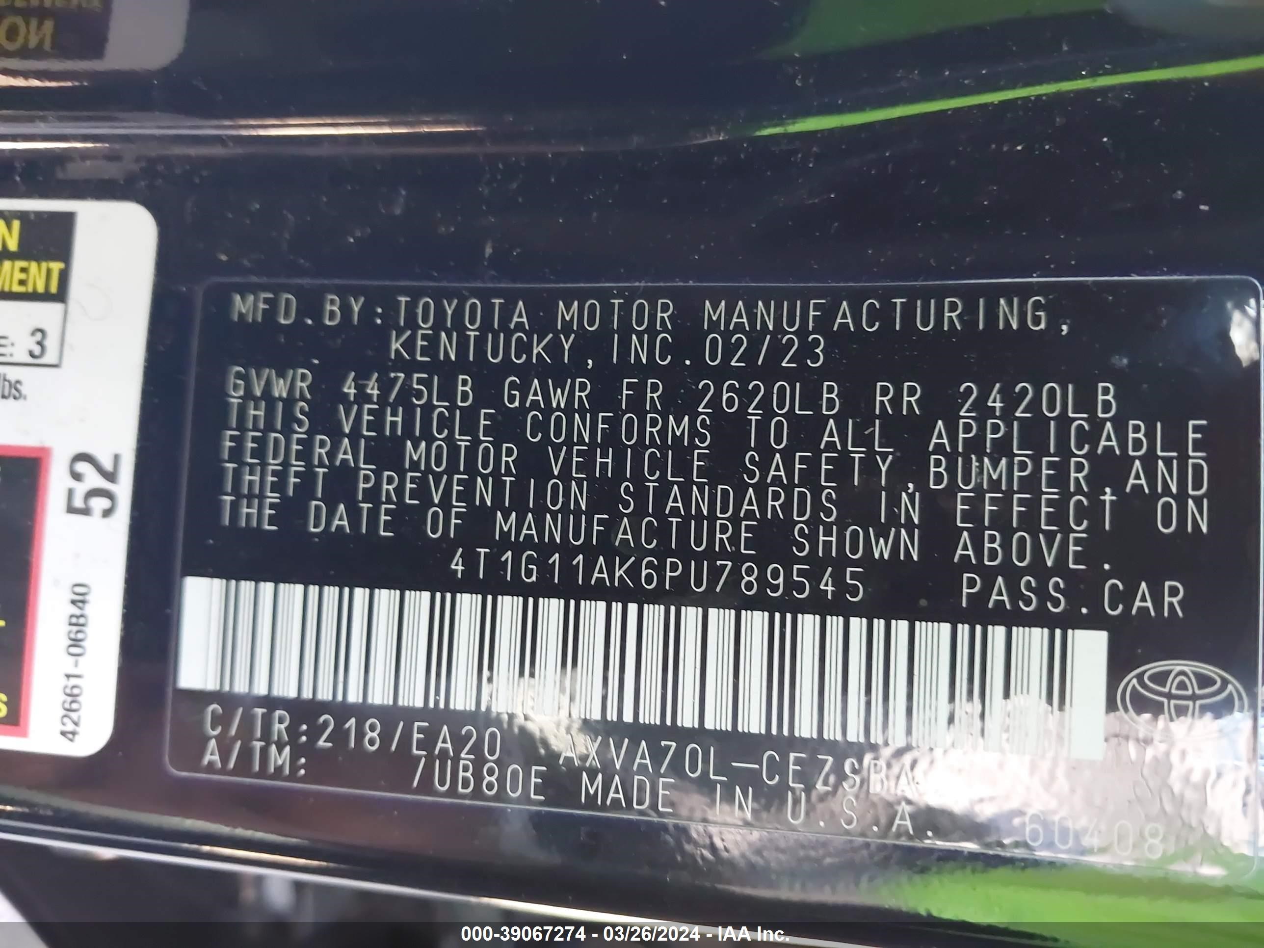 Photo 8 VIN: 4T1G11AK6PU789545 - TOYOTA CAMRY 