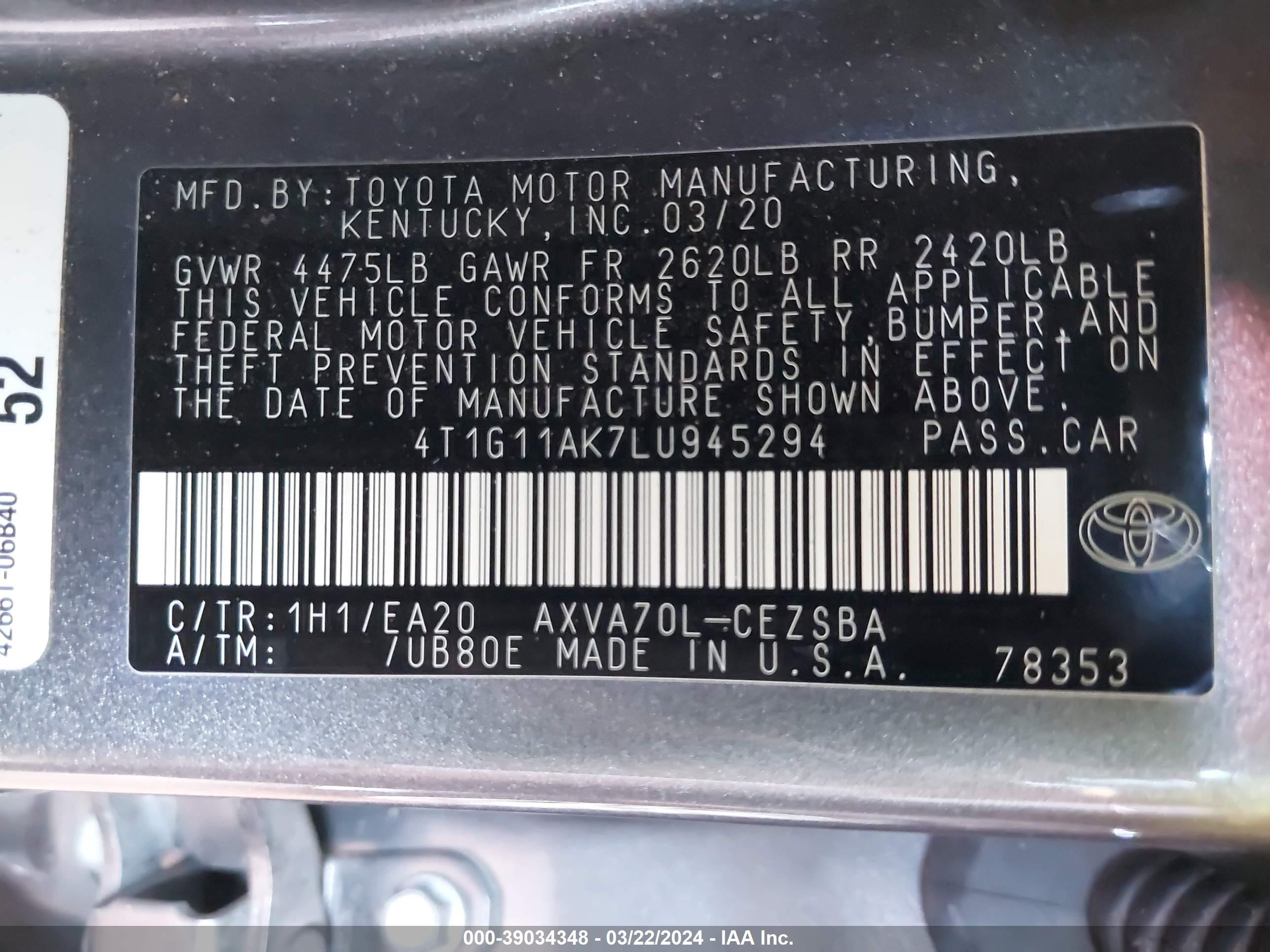 Photo 8 VIN: 4T1G11AK7LU945294 - TOYOTA CAMRY 