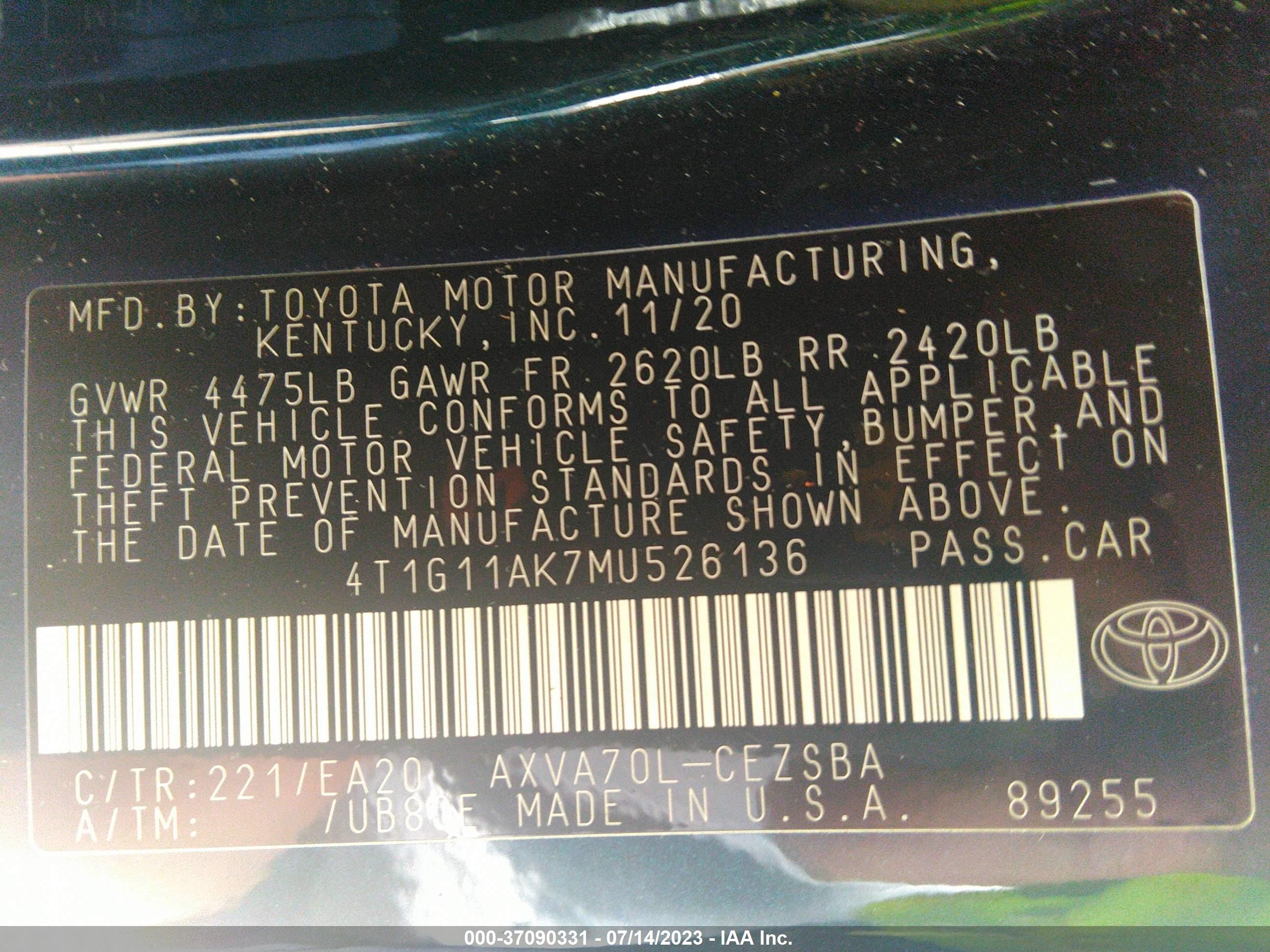 Photo 8 VIN: 4T1G11AK7MU526136 - TOYOTA CAMRY 