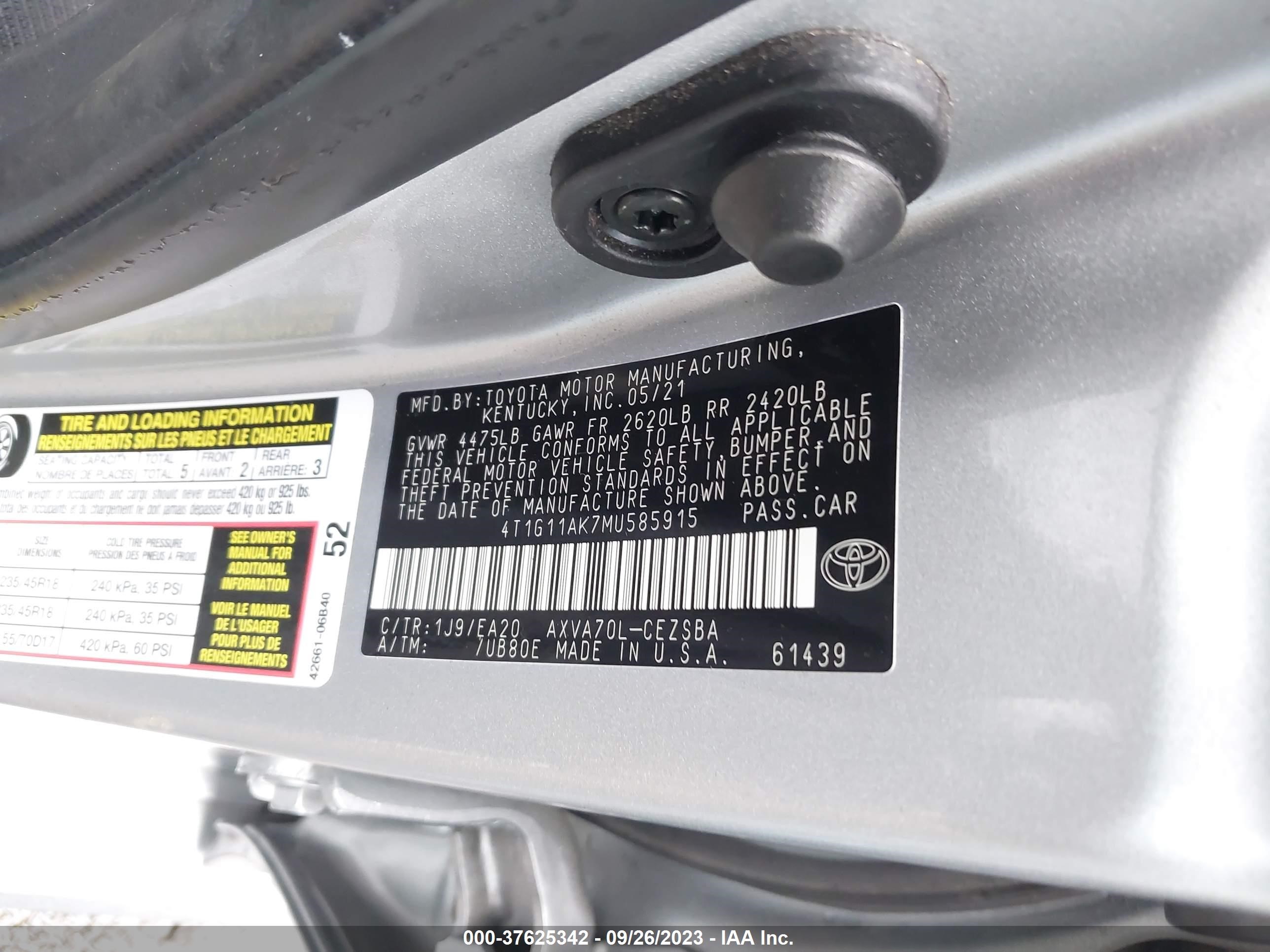 Photo 8 VIN: 4T1G11AK7MU585915 - TOYOTA CAMRY 