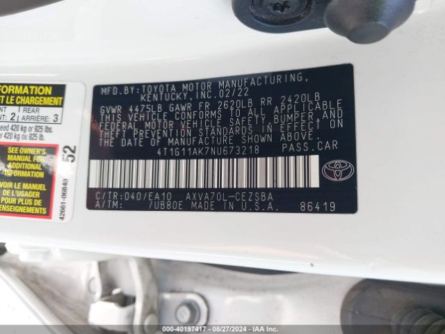 Photo 8 VIN: 4T1G11AK7NU673218 - TOYOTA CAMRY 