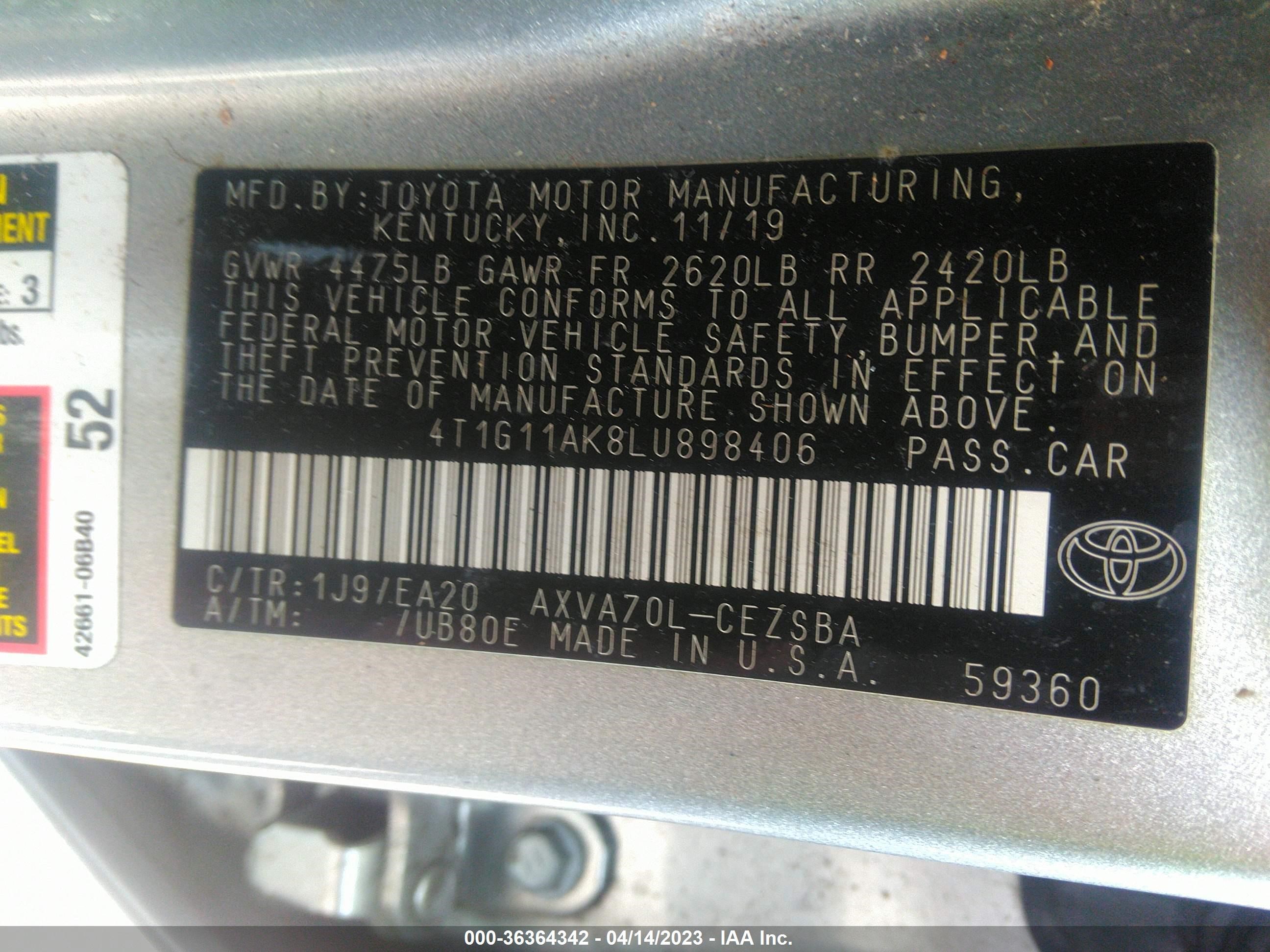 Photo 8 VIN: 4T1G11AK8LU898406 - TOYOTA CAMRY 