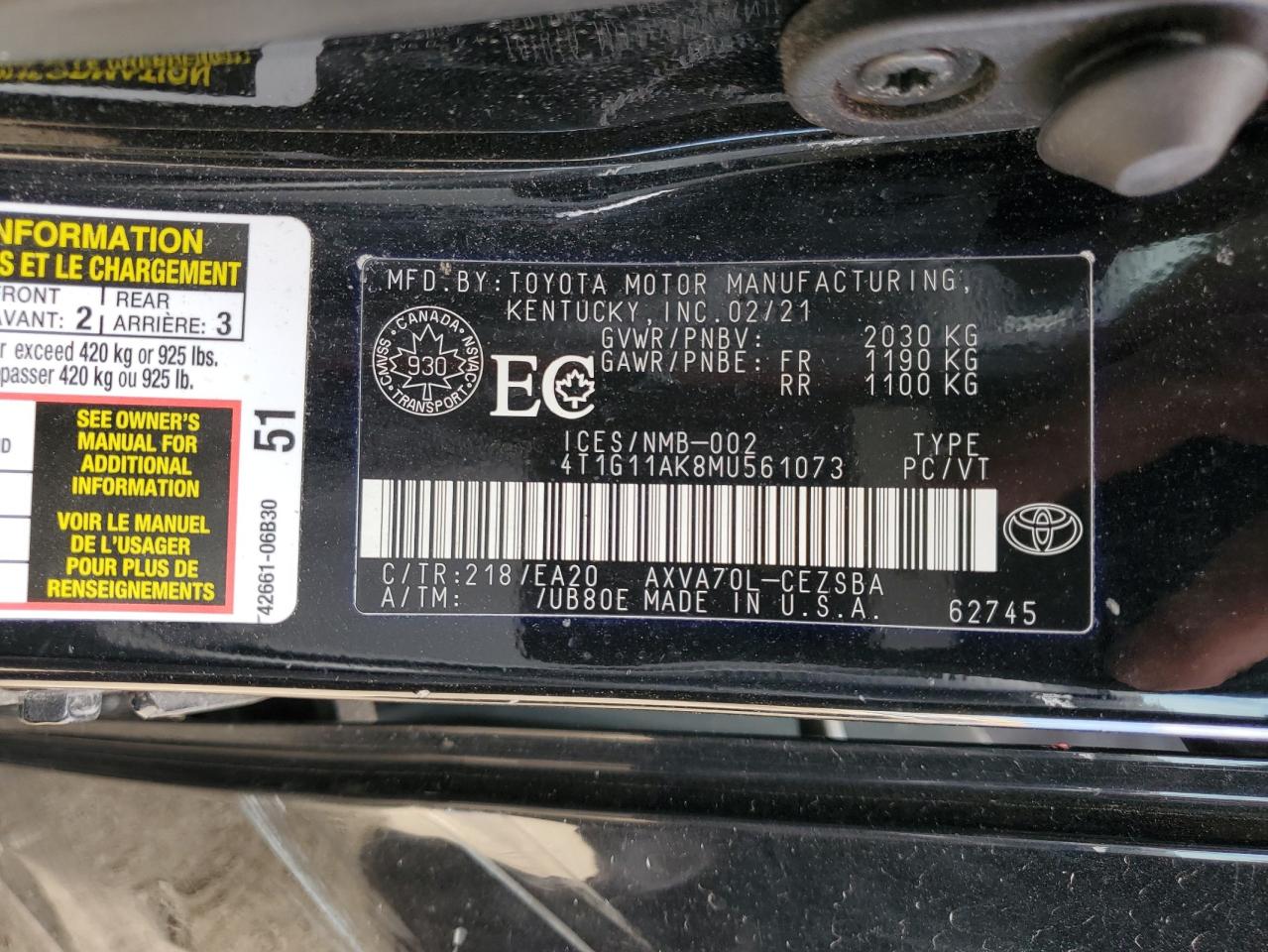 Photo 11 VIN: 4T1G11AK8MU561073 - TOYOTA CAMRY 