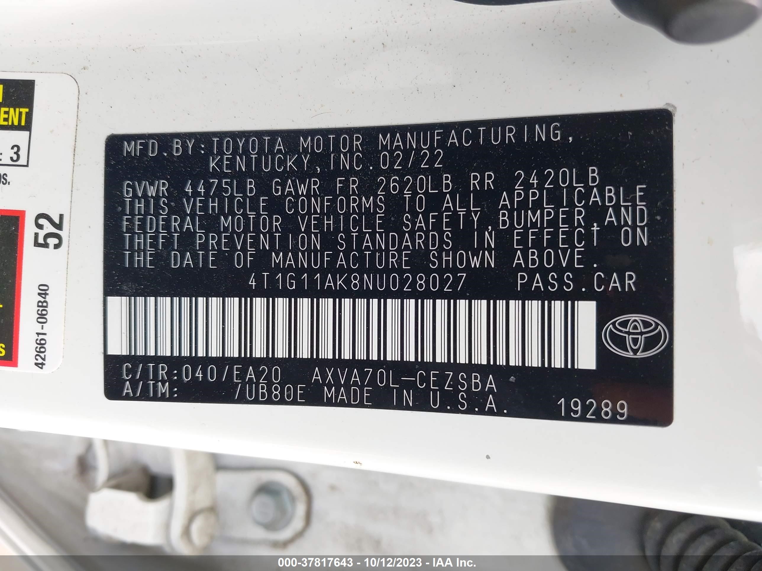 Photo 8 VIN: 4T1G11AK8NU028027 - TOYOTA CAMRY 