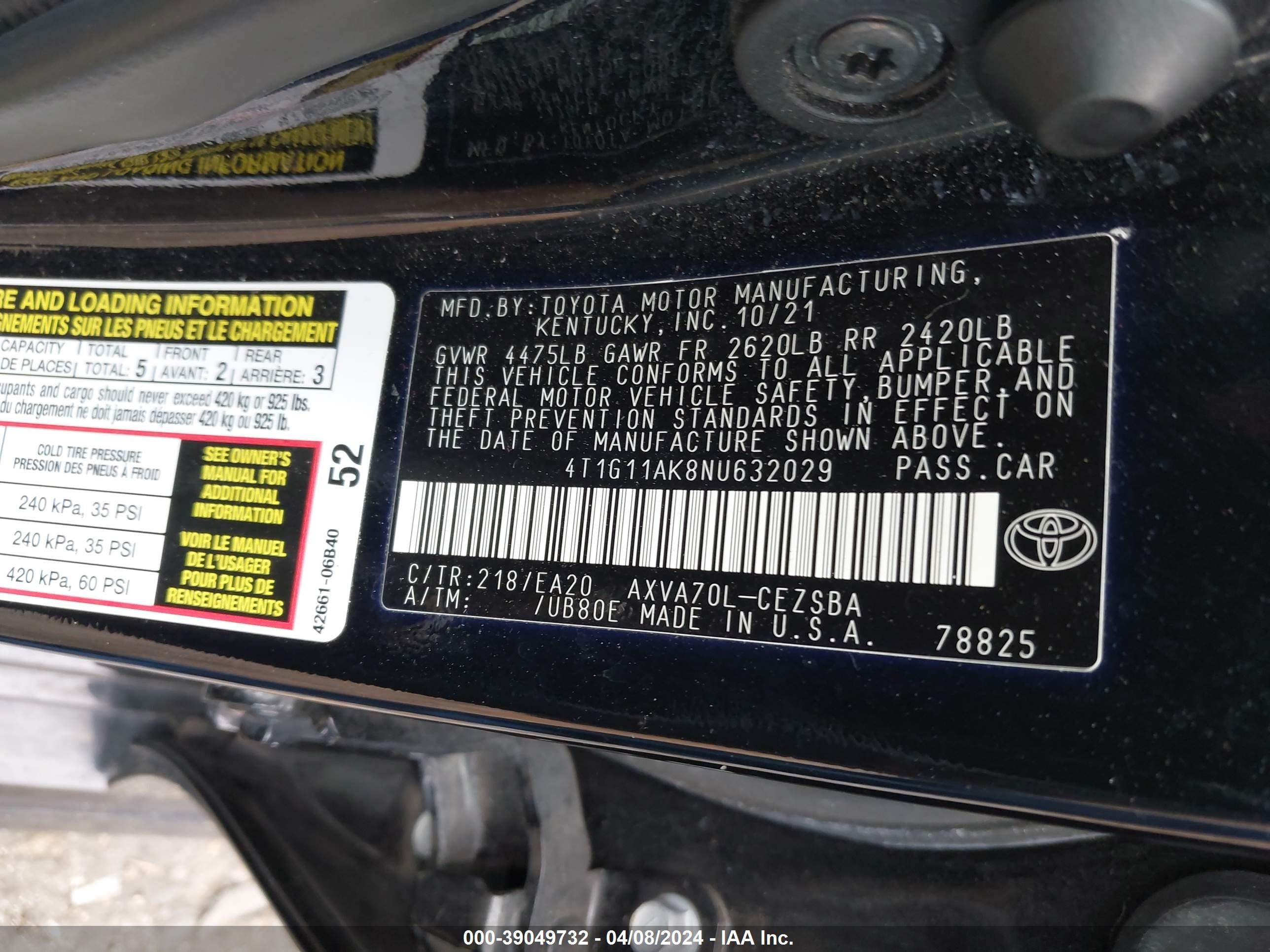 Photo 8 VIN: 4T1G11AK8NU632029 - TOYOTA CAMRY 