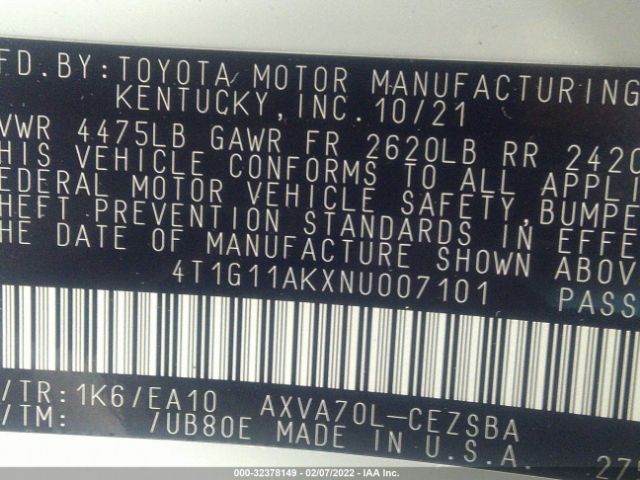 Photo 8 VIN: 4T1G11AKXNU007101 - TOYOTA CAMRY 