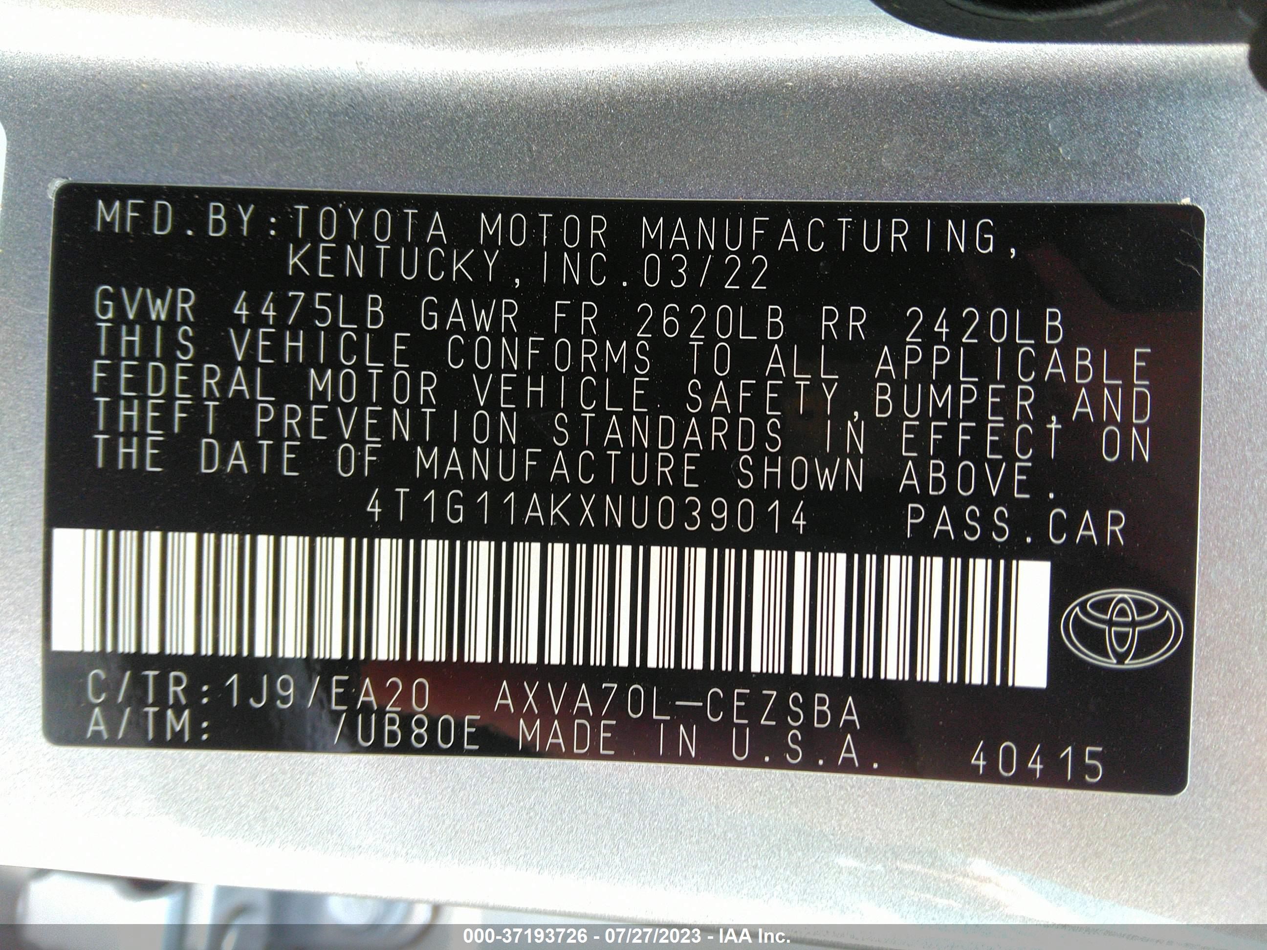 Photo 8 VIN: 4T1G11AKXNU039014 - TOYOTA CAMRY 