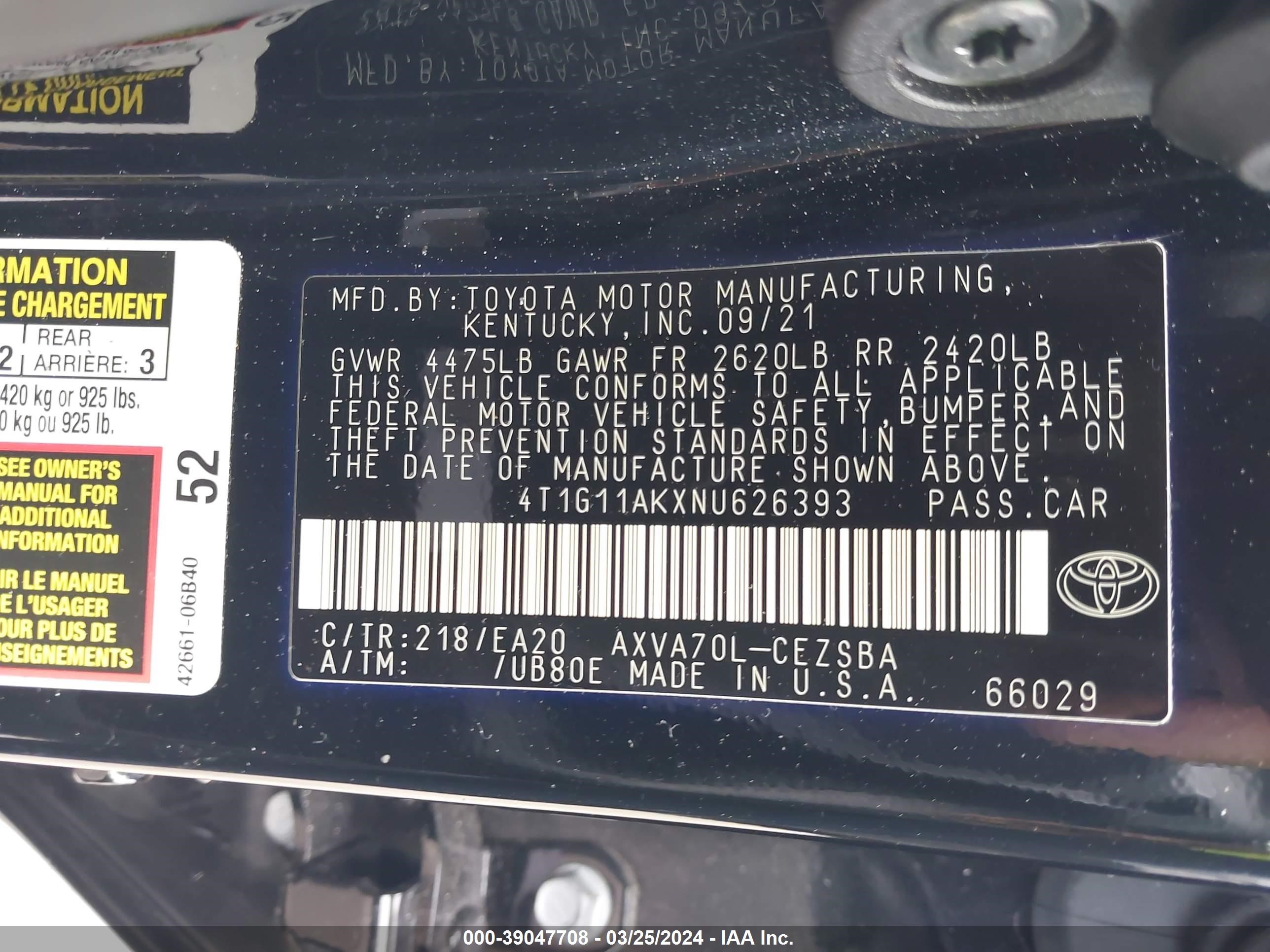 Photo 8 VIN: 4T1G11AKXNU626393 - TOYOTA CAMRY 