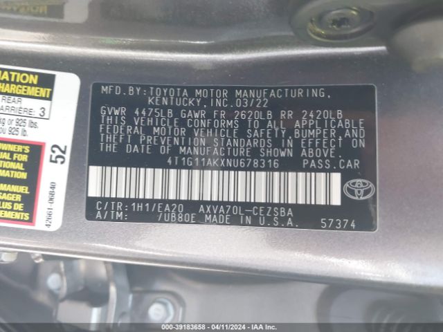 Photo 8 VIN: 4T1G11AKXNU678316 - TOYOTA CAMRY 