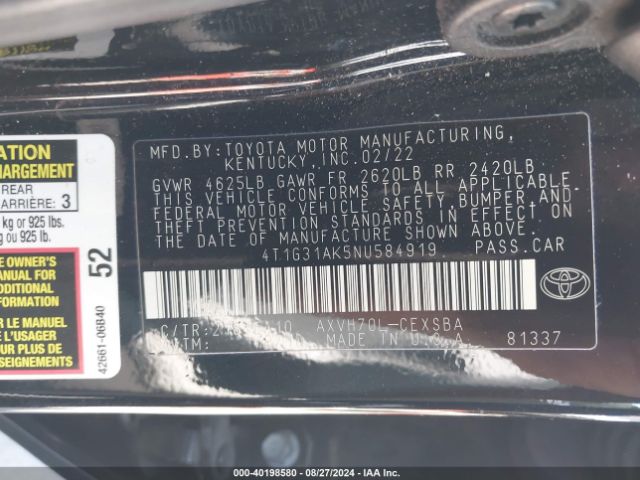 Photo 8 VIN: 4T1G31AK5NU584919 - TOYOTA CAMRY 