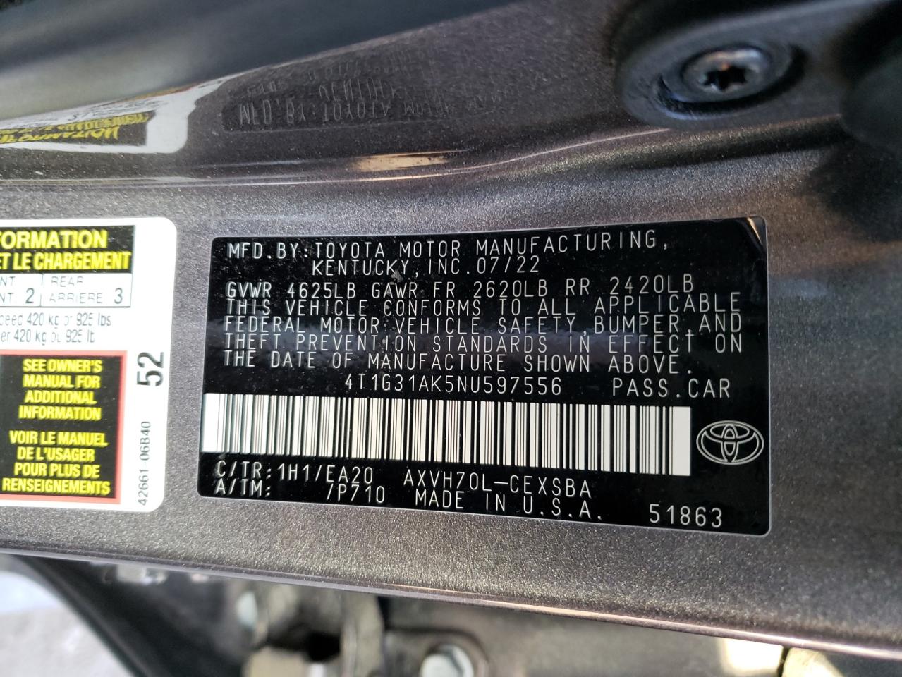 Photo 11 VIN: 4T1G31AK5NU597556 - TOYOTA CAMRY 