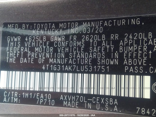 Photo 8 VIN: 4T1G31AK7LU531751 - TOYOTA CAMRY 