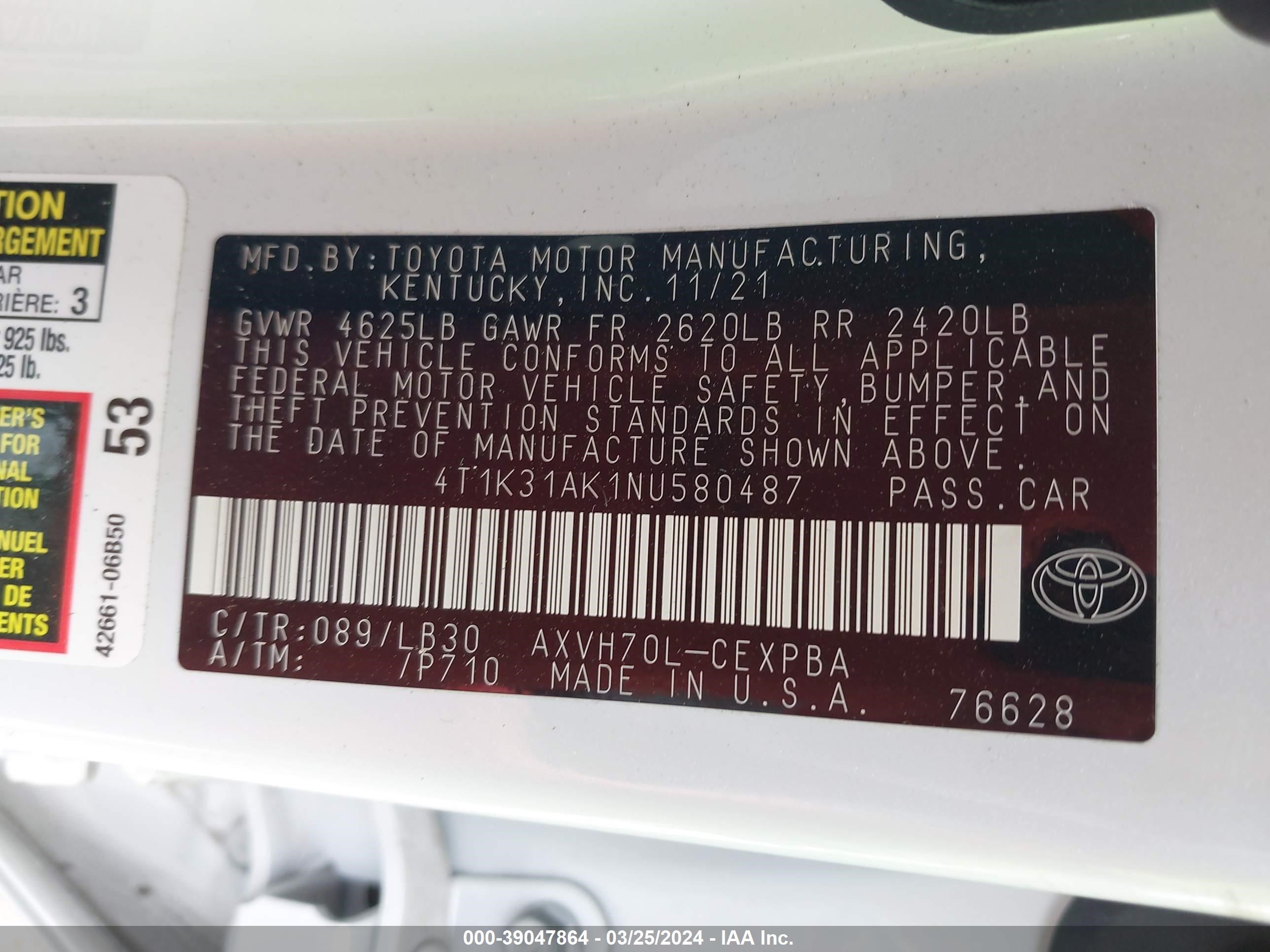 Photo 8 VIN: 4T1K31AK1NU580487 - TOYOTA CAMRY 