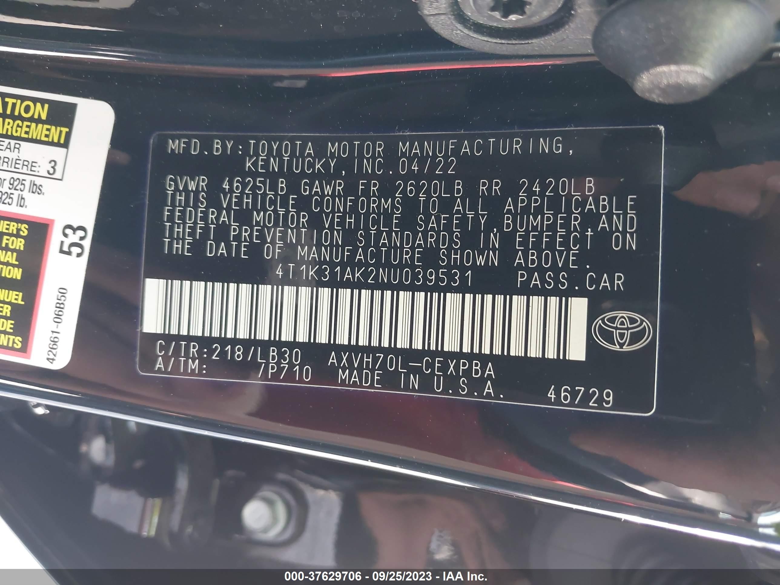 Photo 8 VIN: 4T1K31AK2NU039531 - TOYOTA CAMRY 