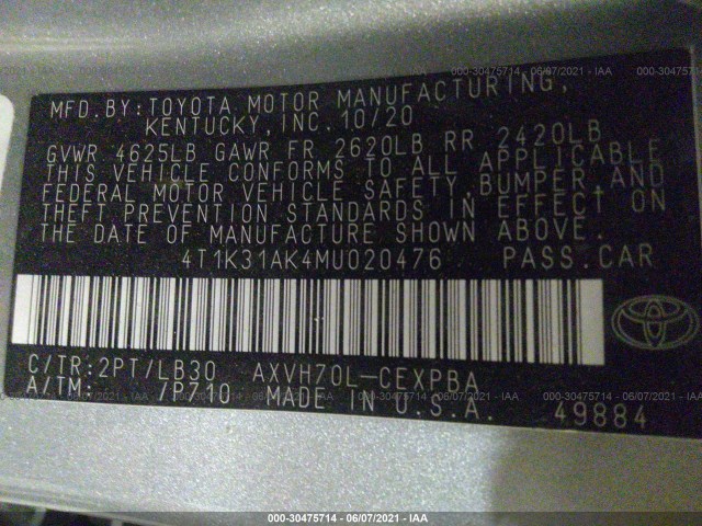 Photo 8 VIN: 4T1K31AK4MU020476 - TOYOTA CAMRY 