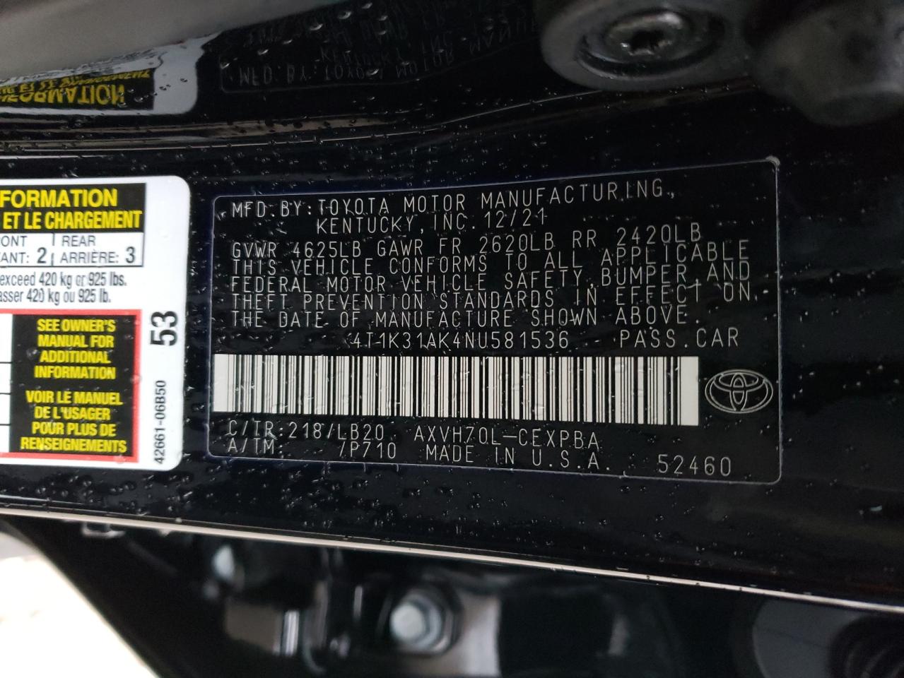 Photo 11 VIN: 4T1K31AK4NU581536 - TOYOTA CAMRY 