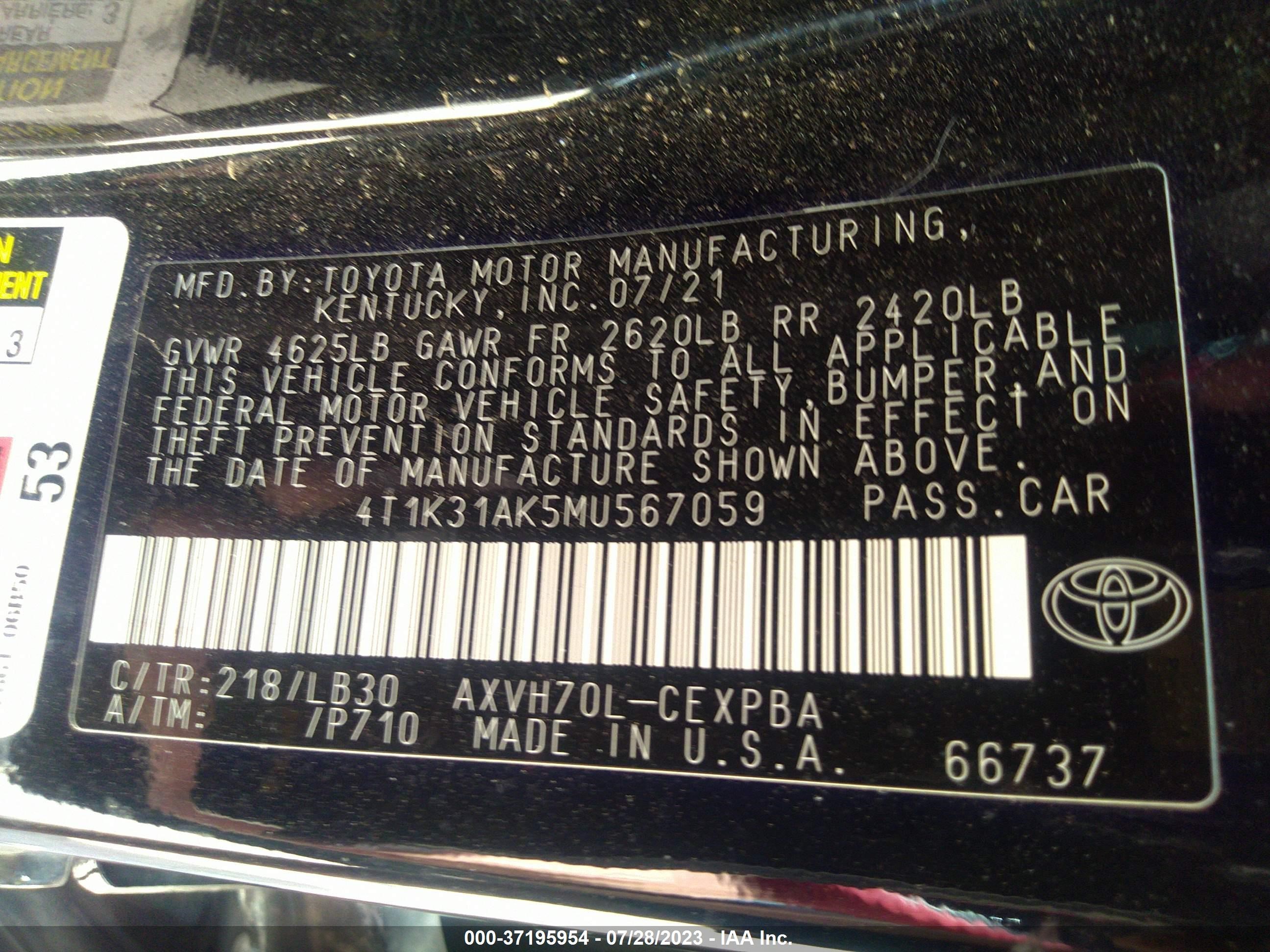 Photo 8 VIN: 4T1K31AK5MU567059 - TOYOTA CAMRY 