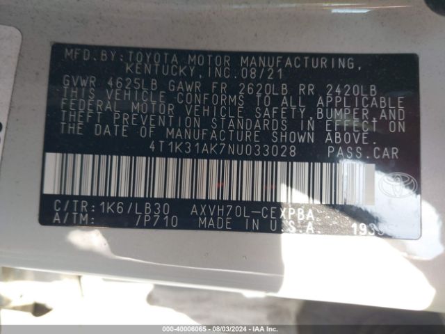 Photo 8 VIN: 4T1K31AK7NU033028 - TOYOTA CAMRY 