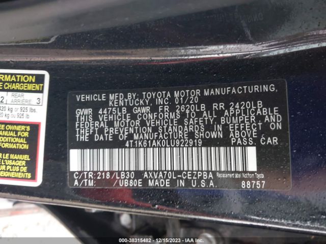 Photo 8 VIN: 4T1K61AK0LU922919 - TOYOTA CAMRY 